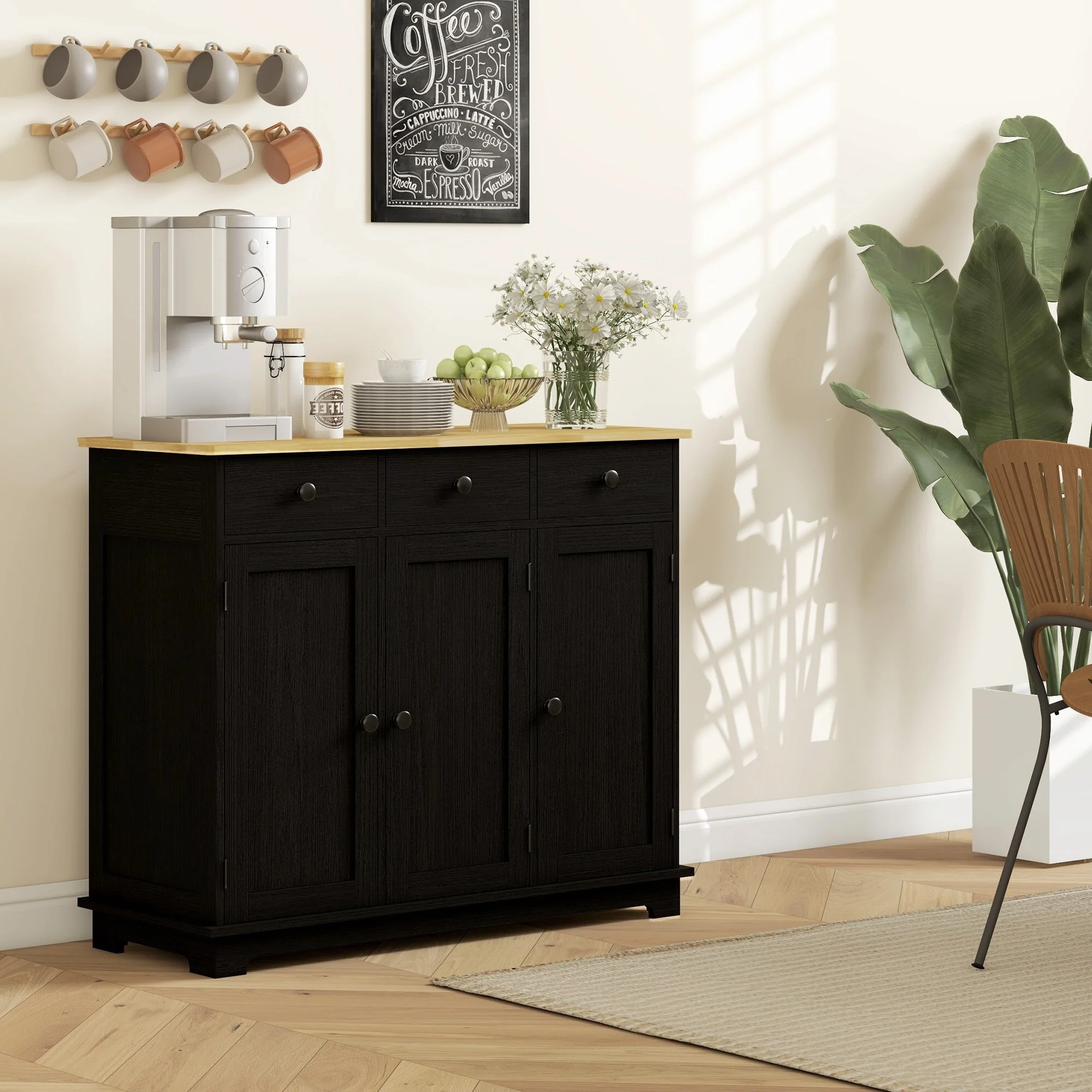 HOMCOM Sideboard with Solid Wood Countertop, Modern Kitchen Storage Cabinet, Coffee Bar Cabinet with 3 Drawers