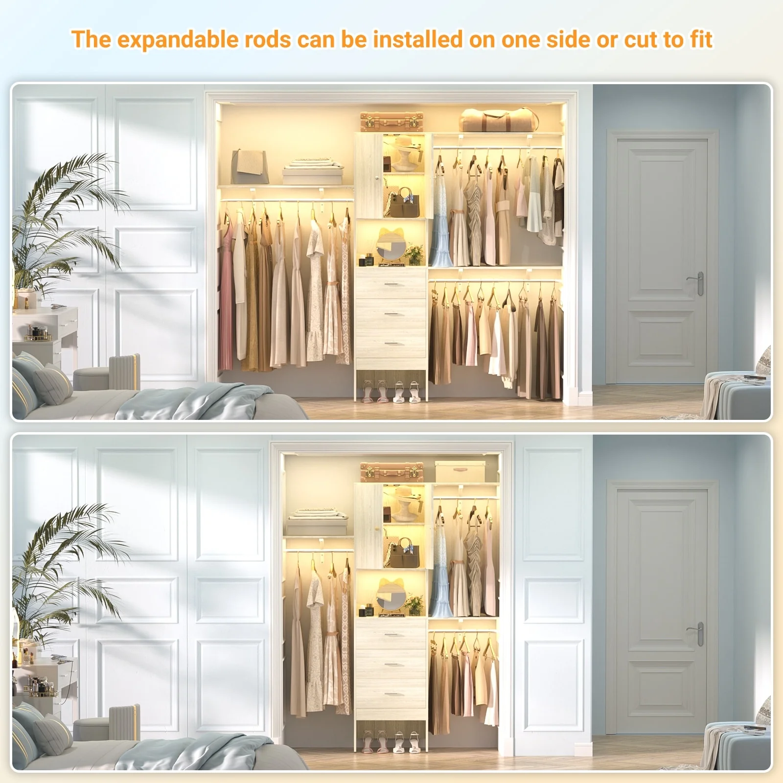 20''-96'' Wide Wooden Closet Organizer With Doors, Adjustable Closet System with Drawers and Hanging Rods
