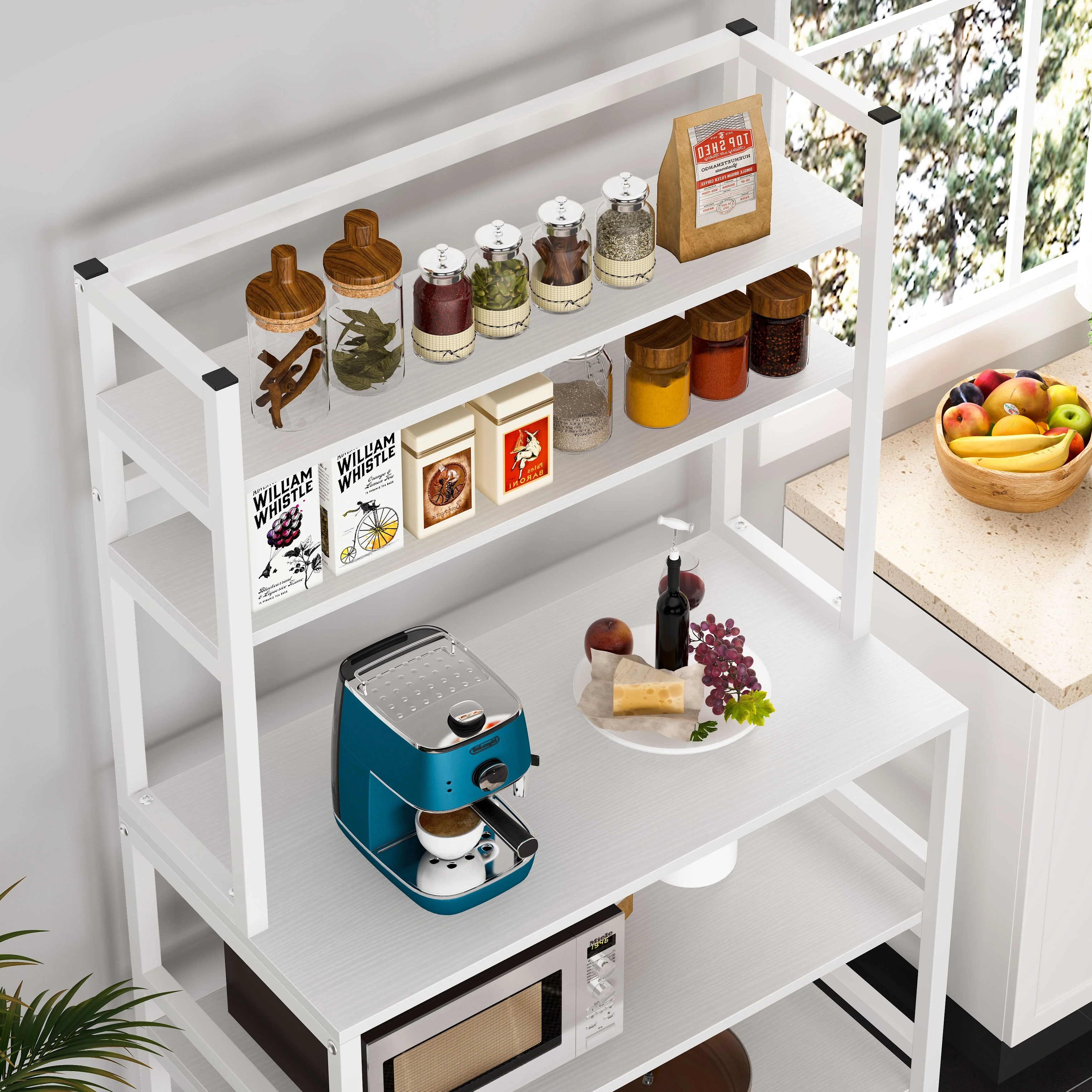 Brown/ Black Kitchen Bakers Rack Industrial Microwave Oven Stand,White 5-Tier Utility Storage Shelf,Kitchen Stand with Hutch