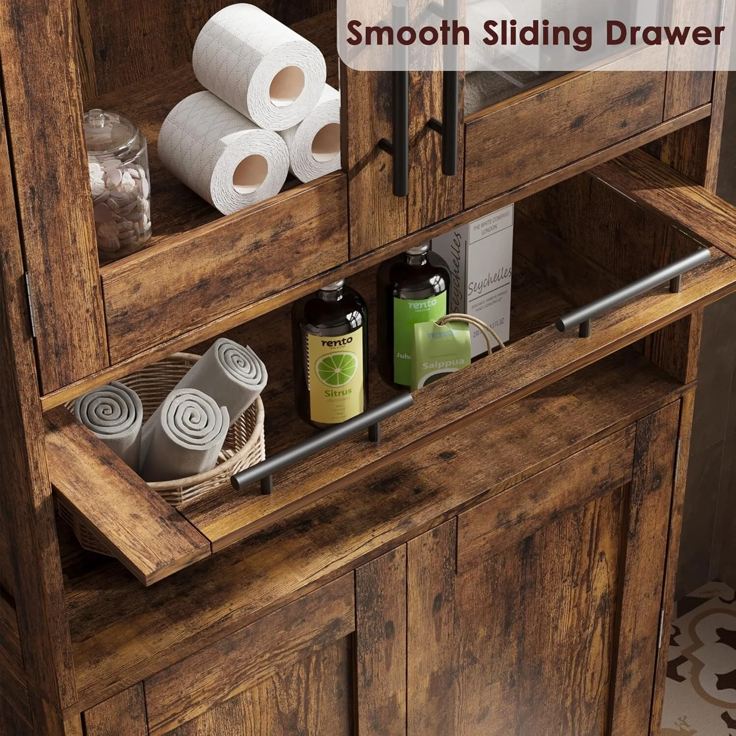 Tall Bathroom Cabinet, Linen Storage Cabinet with Doors and Adjustable Shelves and Drawer