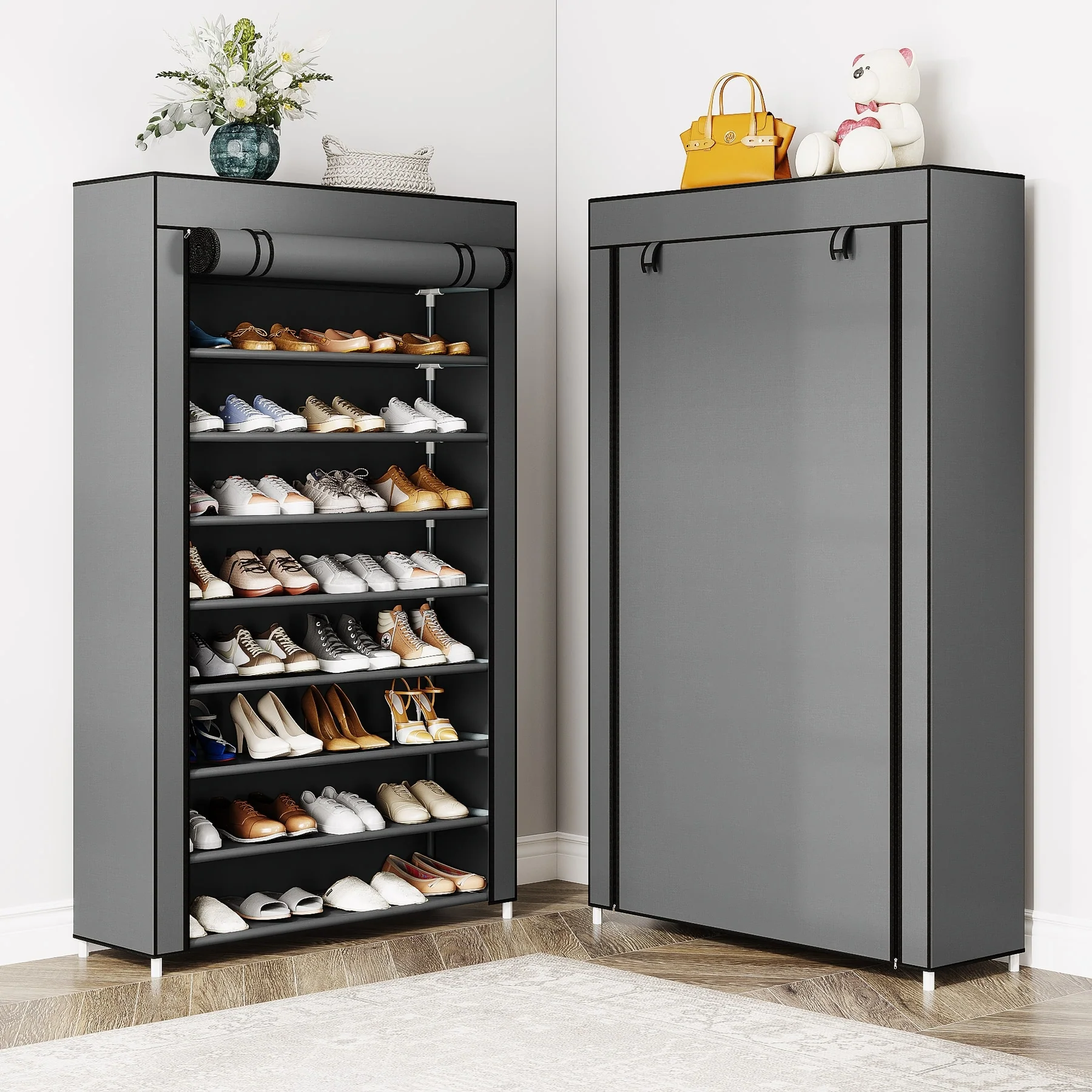 9-Tier Tall Shoe Shelf Stand Rack Organizer with Non-woven Fabric Cover - 10-tier