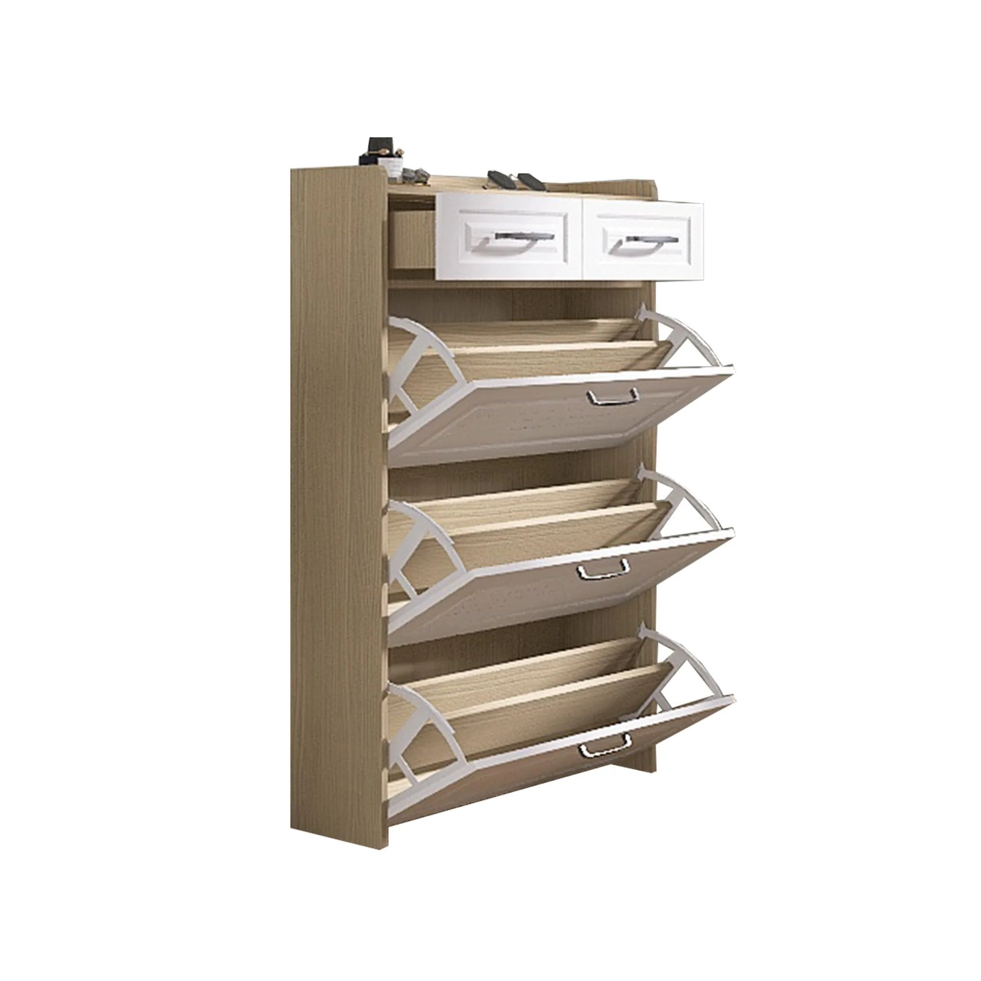 Versatile White Oak Shoe Cabinet with PVC Shaped Door and Spacious Storage