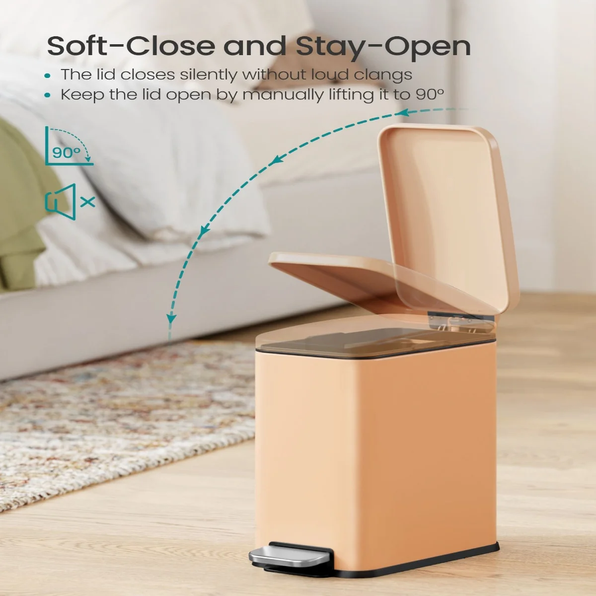 Stainless Steel Slim Bathroom Trash Can with Soft-Close Lid and Plastic Removable Inner Bucket