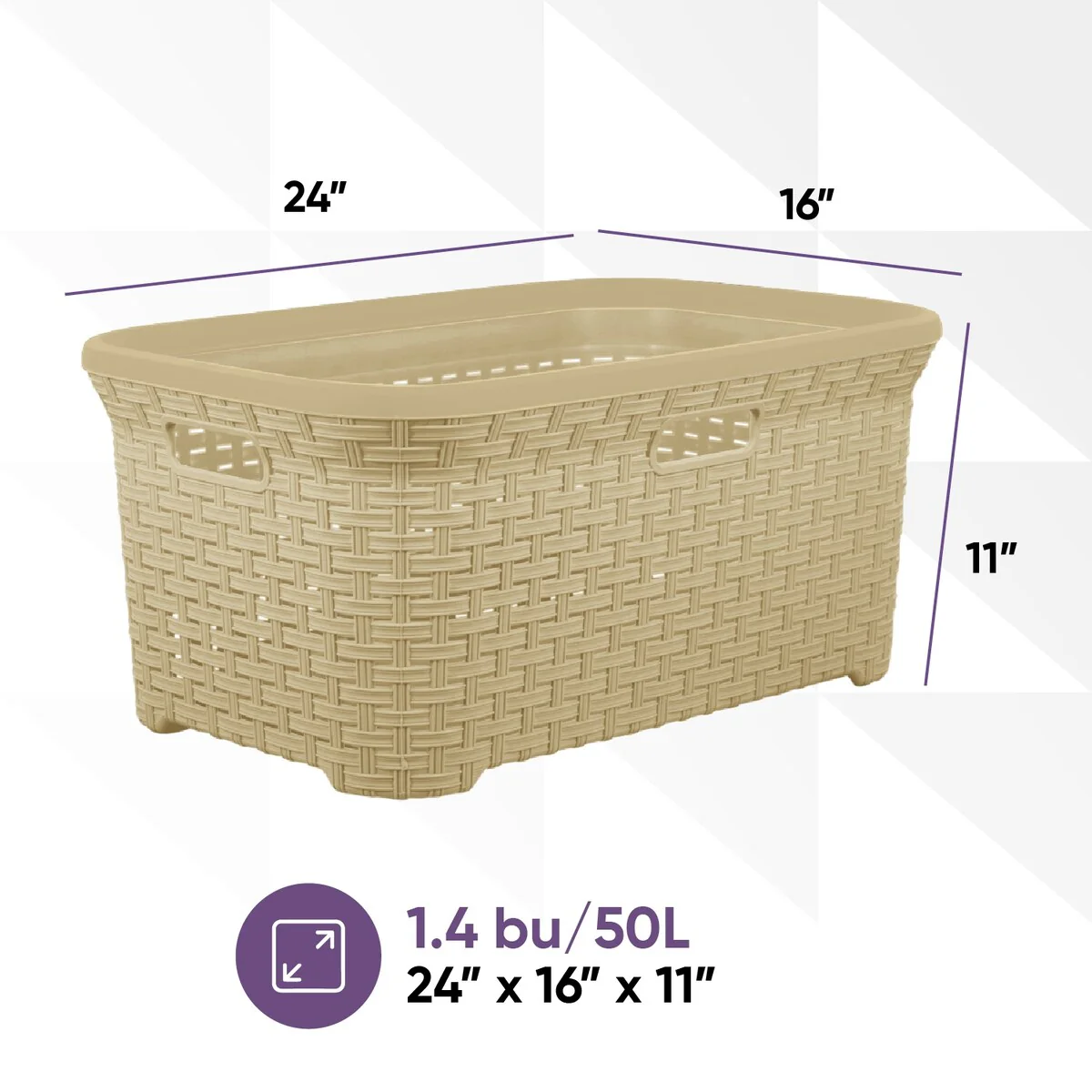 Superio Large Wicker Laundry Basket with Cutout Carry Handles - Capacity: 50l