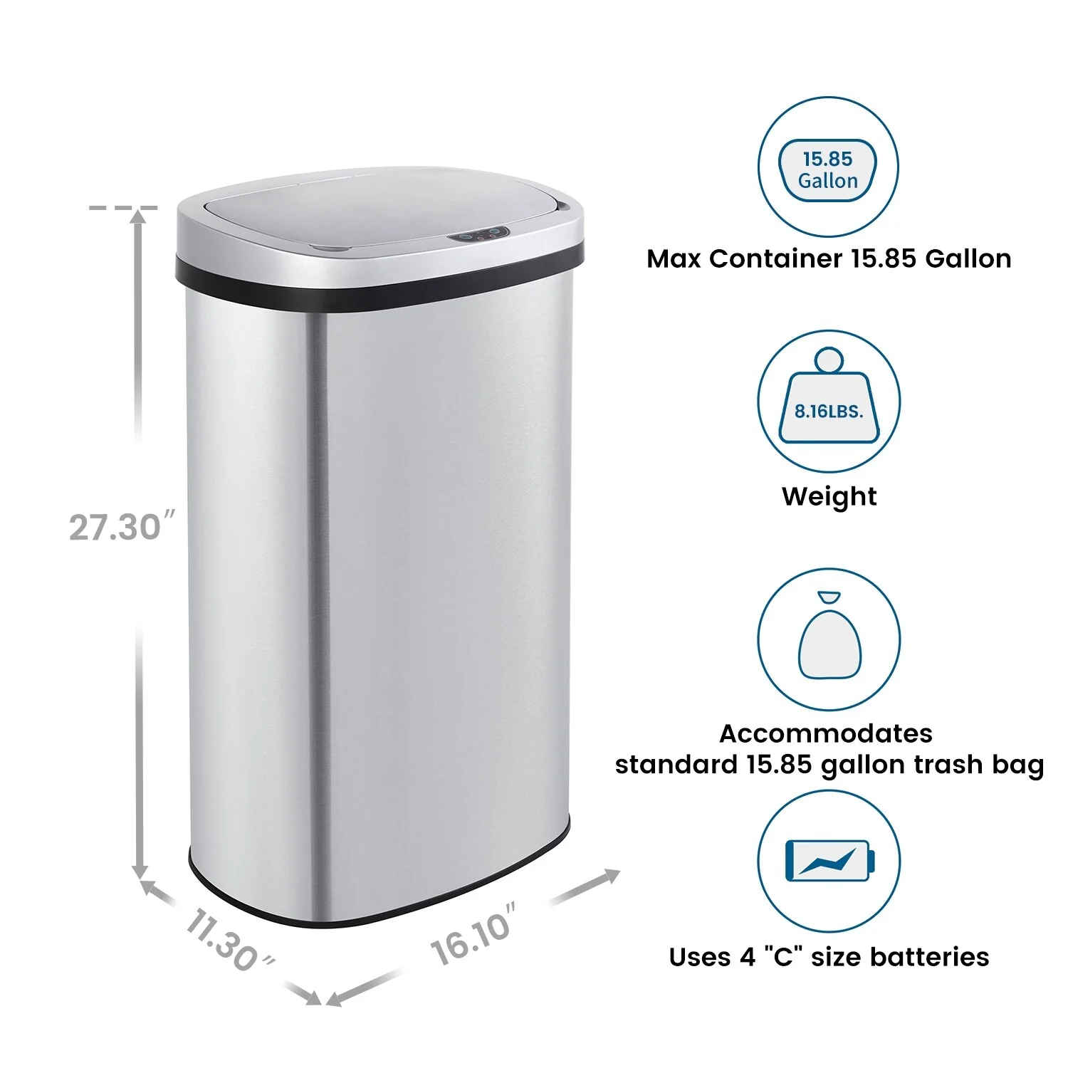 Innovaze 15.6 Gal./60 Liter Stainless Steel Oval Motion Sensor Trash Can for Kitchen