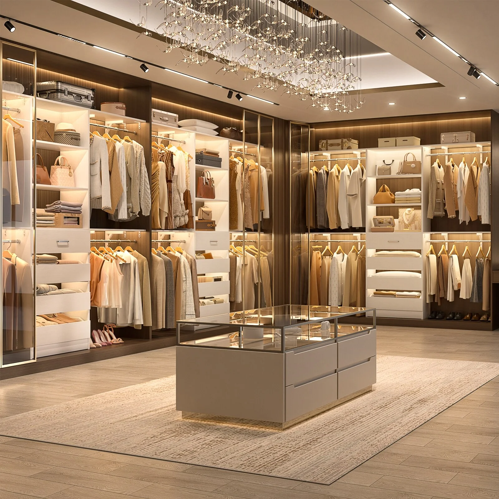 Rackcog 96'' Closet System with 4 Drawers and 4 Hanging Rods, 8FT Wood Closet Organizer for Walk-in Closet