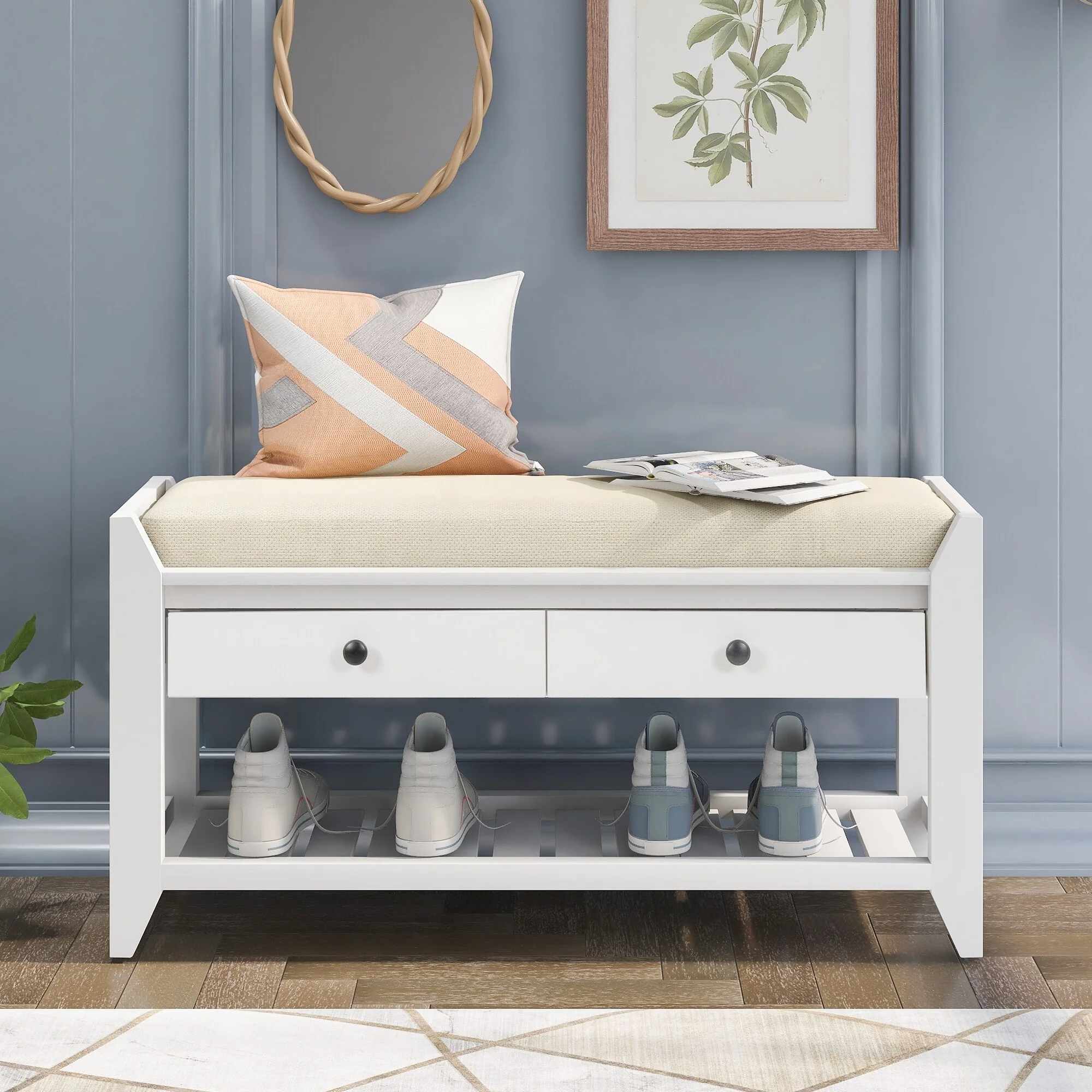 TREXM Shoe Rack with Cushioned Seat and Drawers