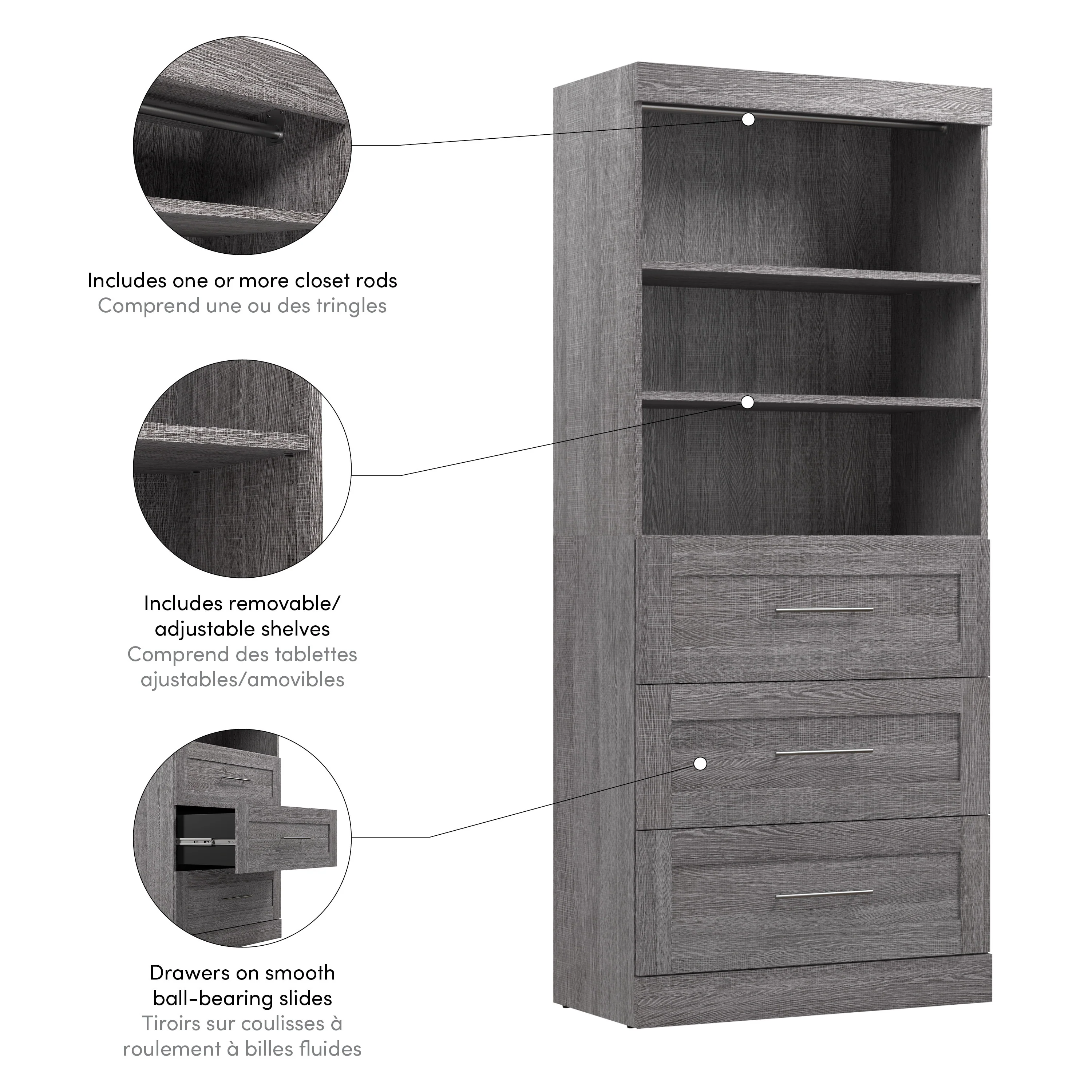 Bestar Pur 36W Closet Organizer with Drawers and Shelving