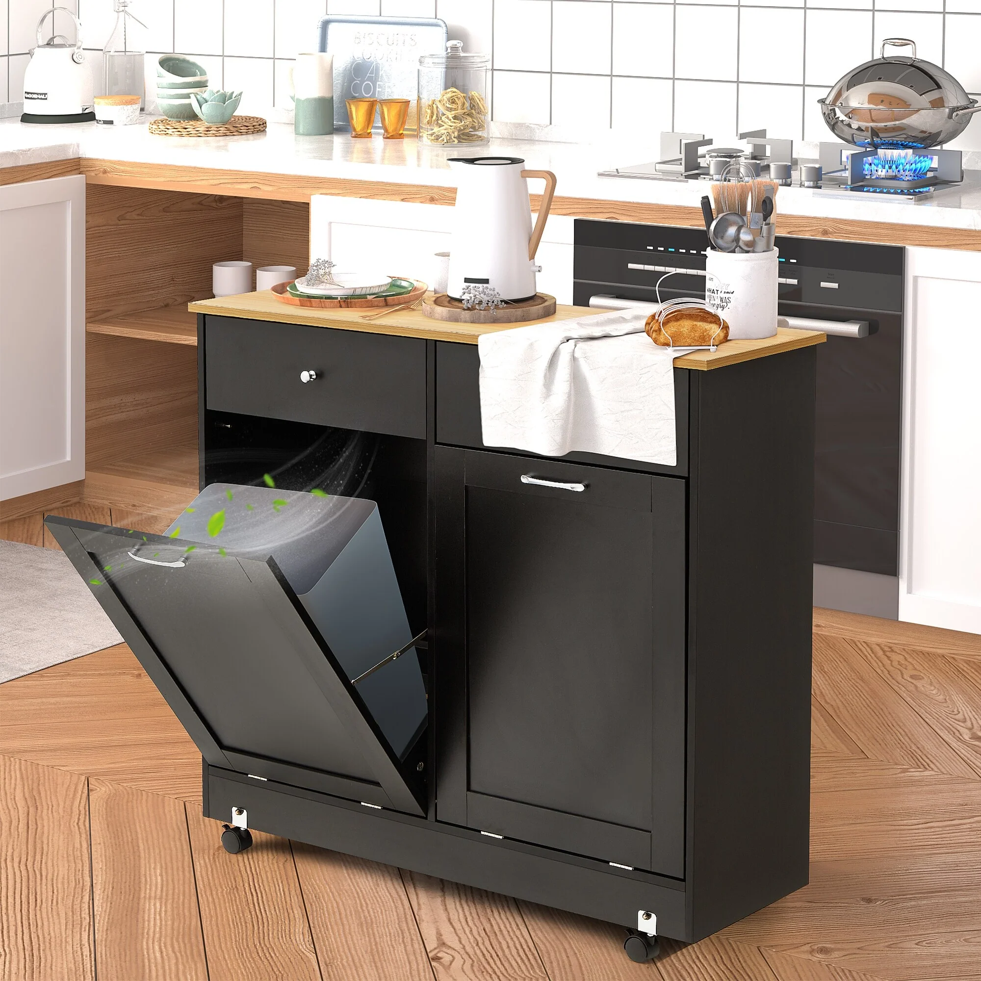 Erommy Tilt Out Trash Cabinet, Wooden Kitchen Trash Can Free Standing Waste Bin, Recycling Hideaway Garbage Can Holder