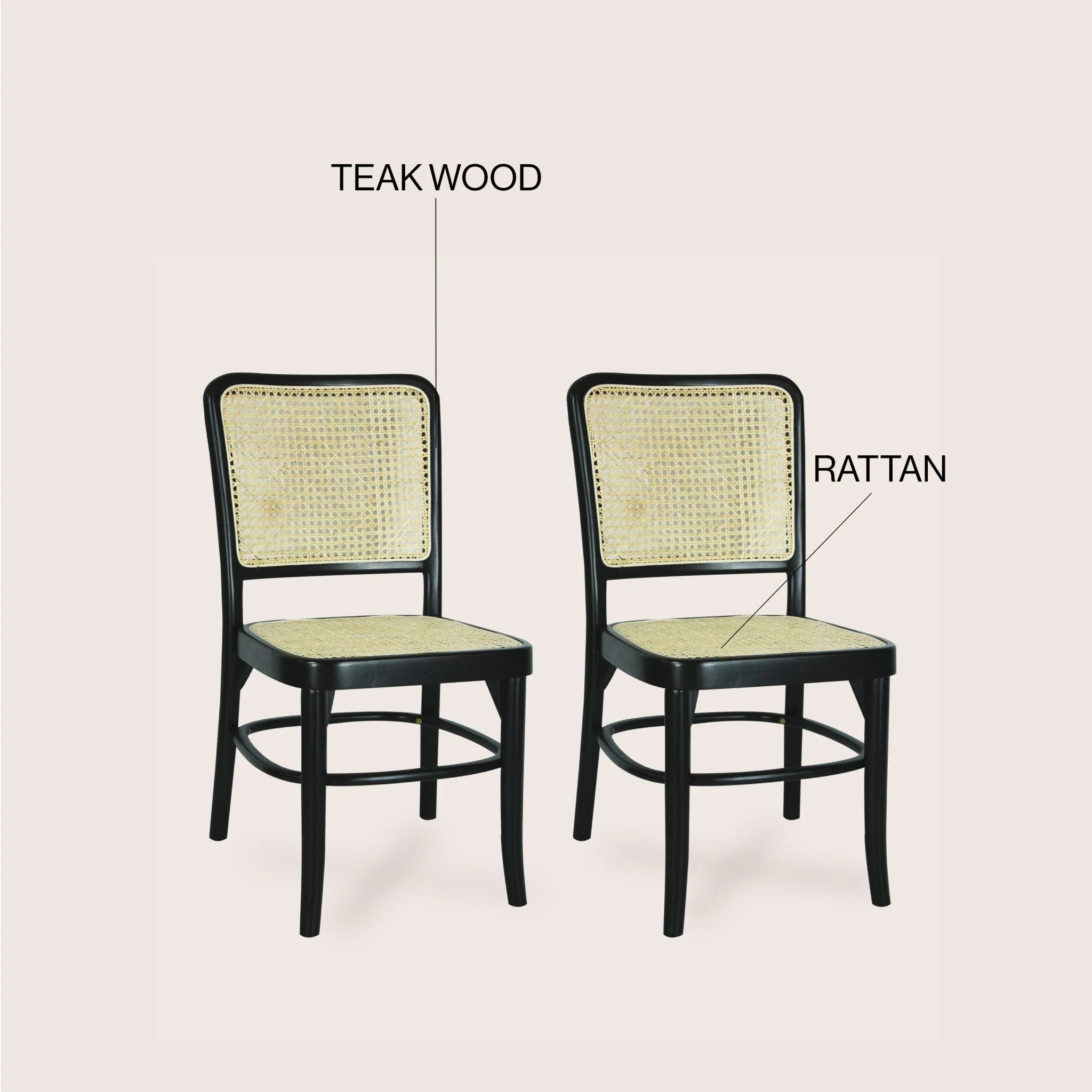 Colmar Mid-Century Vintage Wood Rattan Dining Chair, Black/Natural (Set of 2)