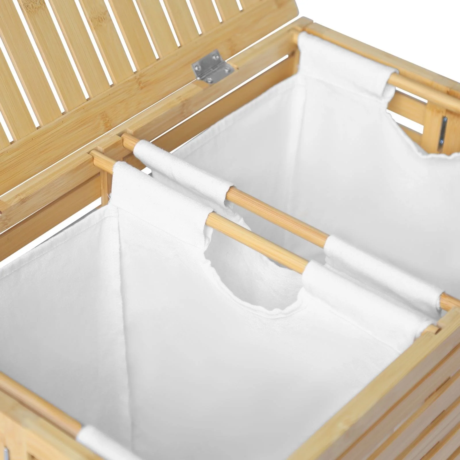 VEIKOUS 2-Section Bamboo Hamper Laundry Basket with Lid and Removable Liner Bags for Clothes - 22''W × 25.3''H × 14''D