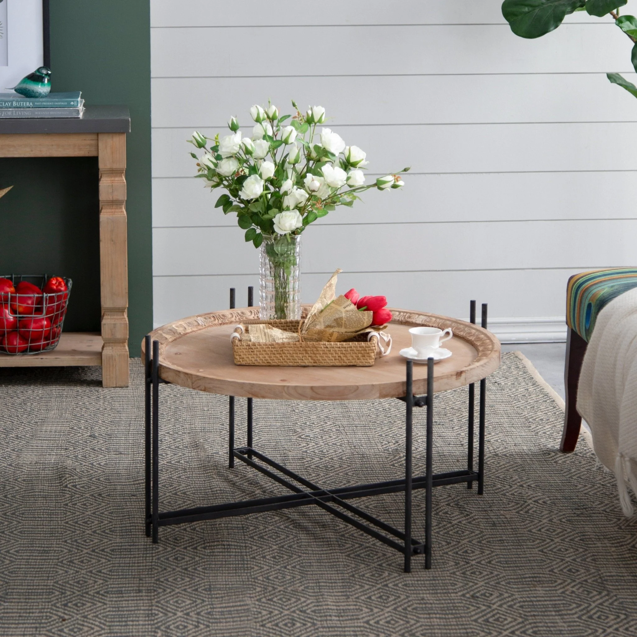 Round Wooden Round Coffee Table with Metal Legs