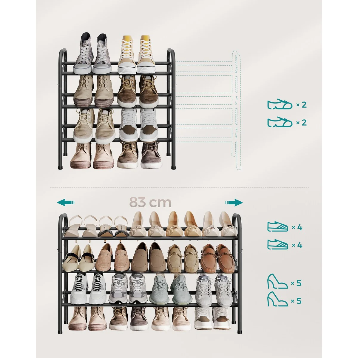 SONGMICS 3-Tier Shoe Rack, 20 Pairs Metal Shoe Organizer