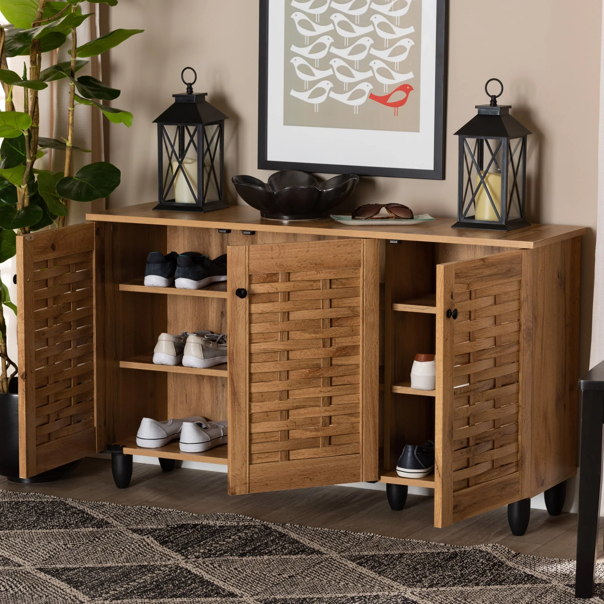 Winda Modern Oak Brown Finished Wood 3-Door Shoe Cabinet
