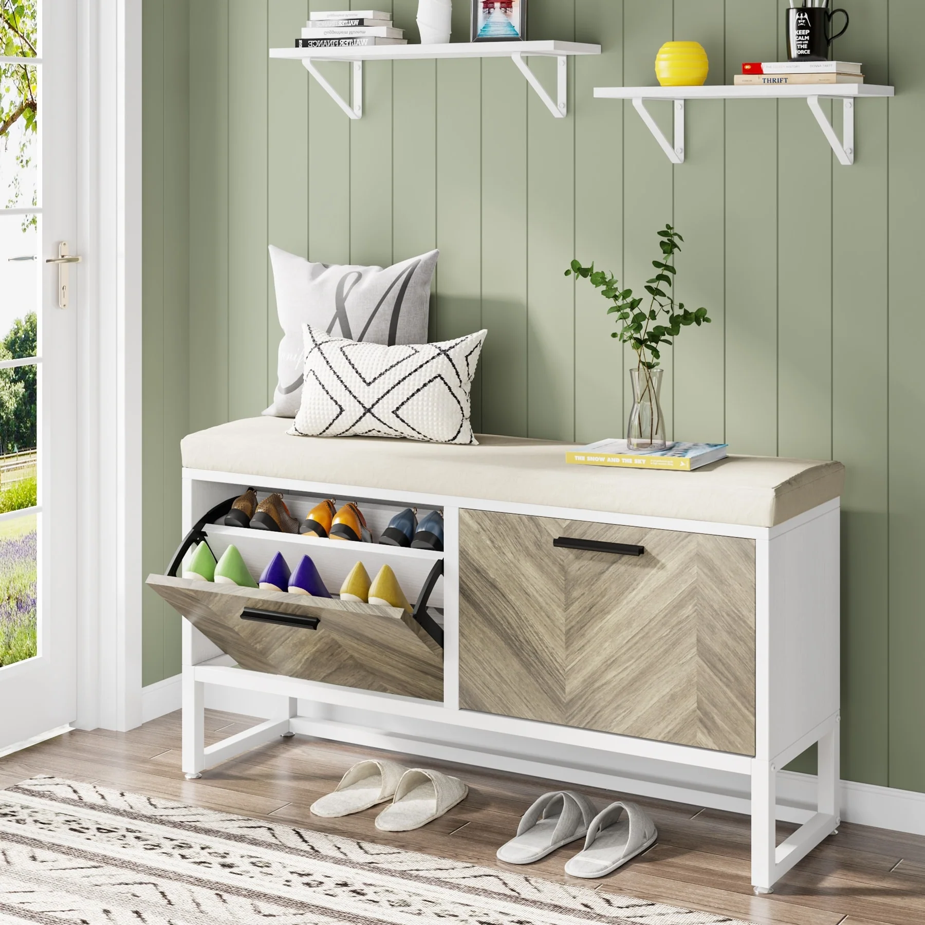 Shoe Storage Bench with Cushion, Entryway Shoe Bench with 2 Flip Drawers