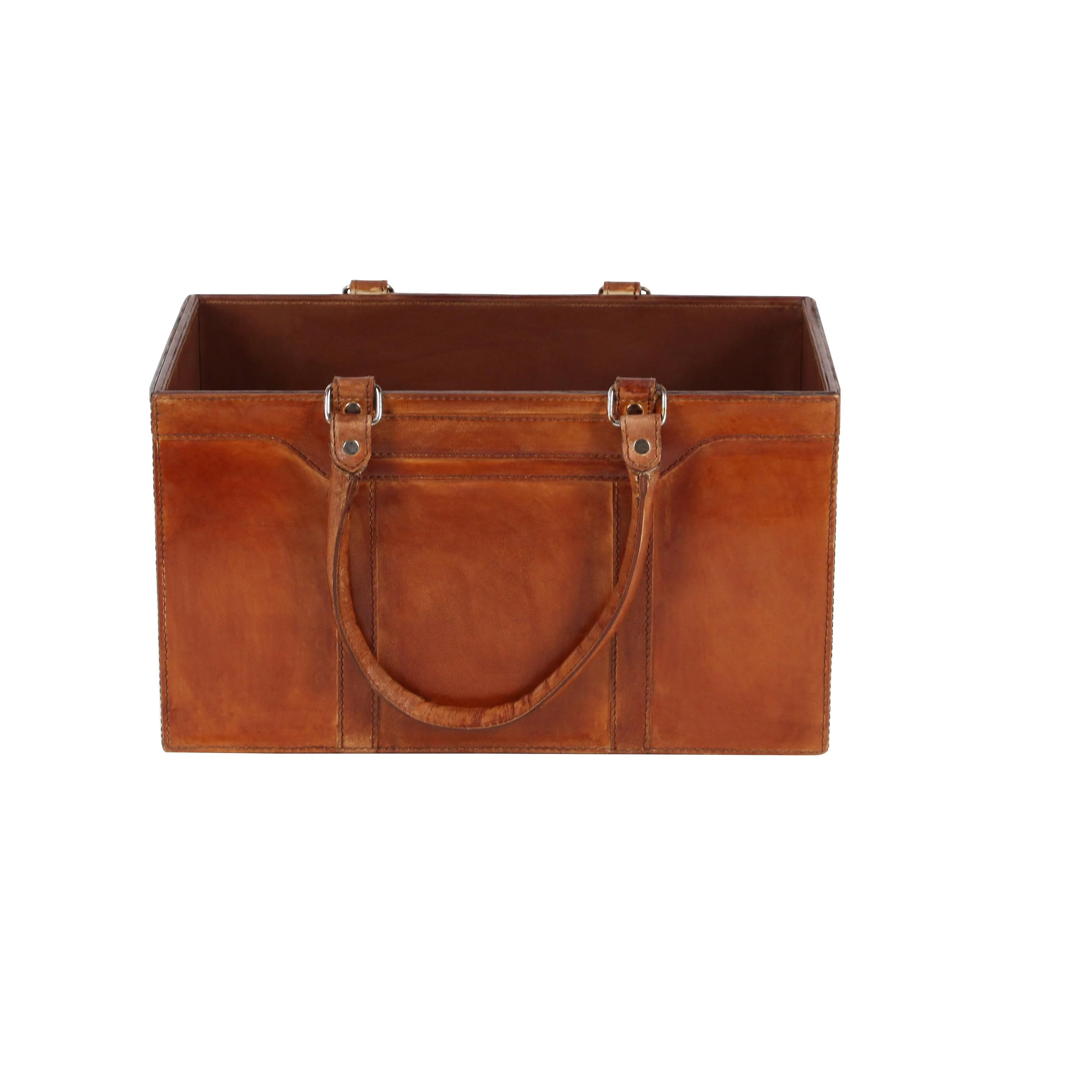 Leather Handmade Box Style Single Slot Magazine Holder with Detail Stitching and Curved Handles - Brown - Roche River Decor