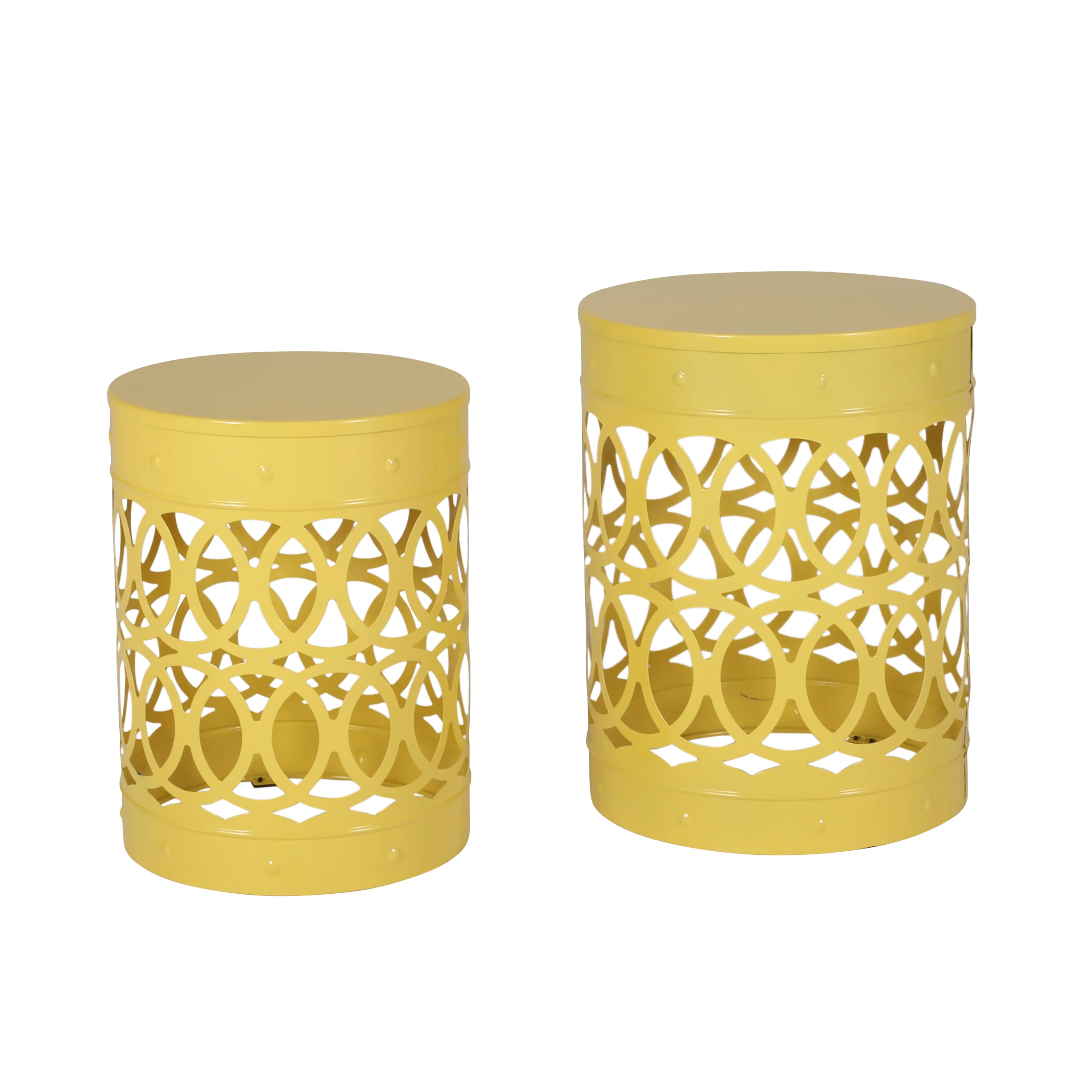 Symmetry Yellow Outdoor Cylindrical End Table with Overlapping Circle Pattern