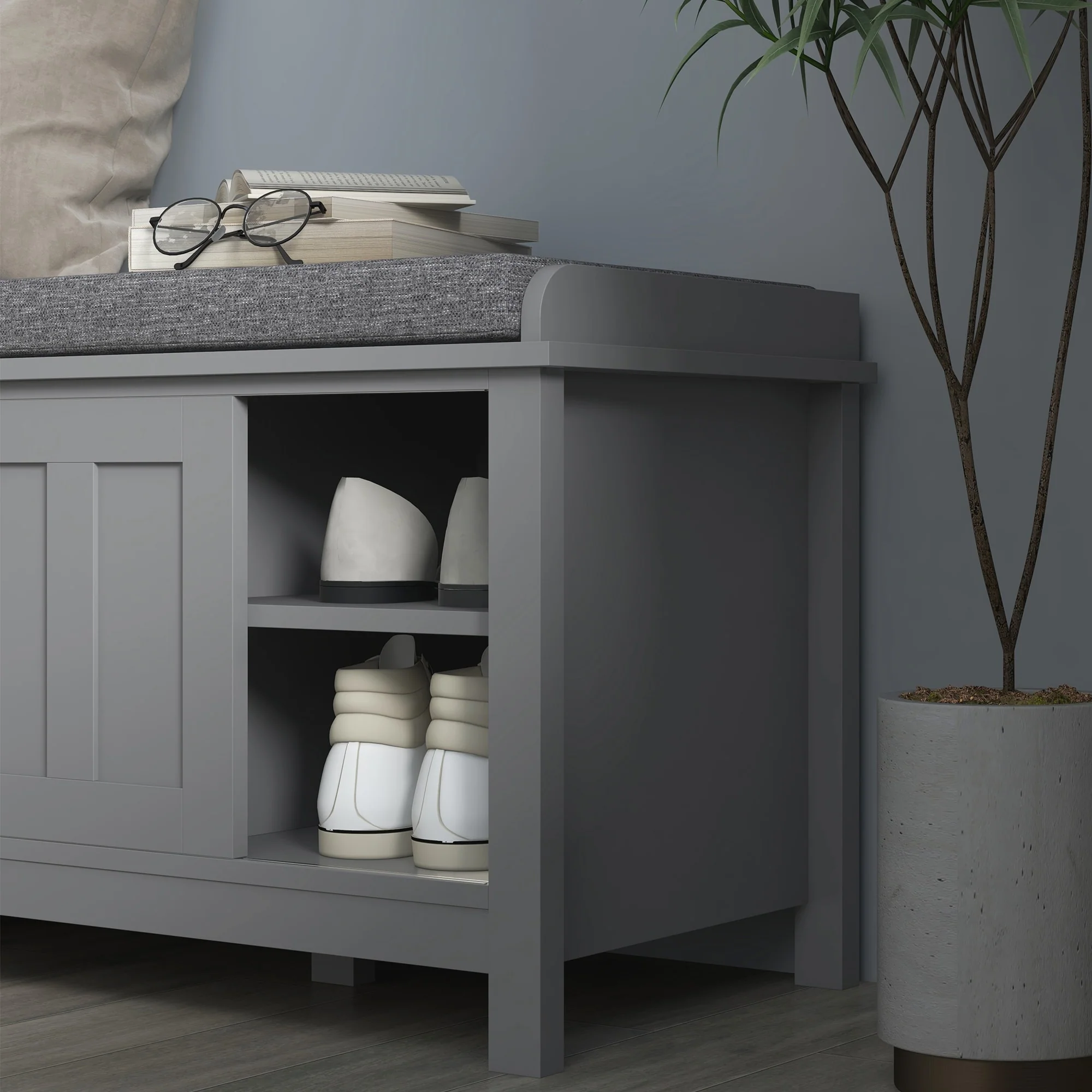 HOMCOM Entryway Shoe Bench Storage Ottoman with Adjustable Shelving, 6 Compartments, and Padded Seat, White/Grey