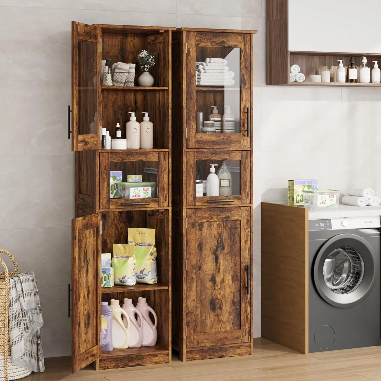 Tall Bathroom Cabinet, Linen Storage Cabinet with Doors and Adjustable Shelves and Drawer