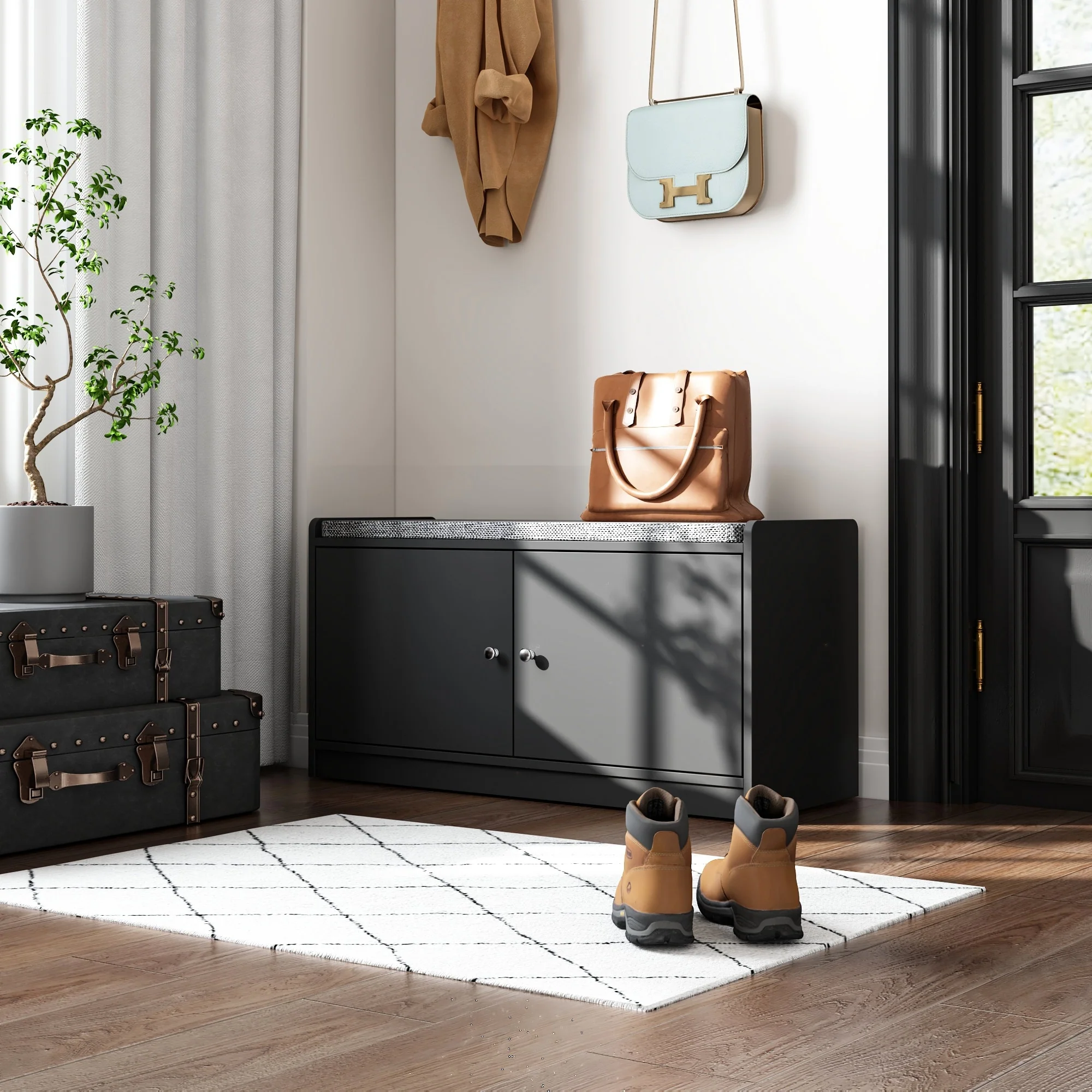Hallway Shoes Storage Cabinet Bench with 2-Door & Padded Seat Cushion
