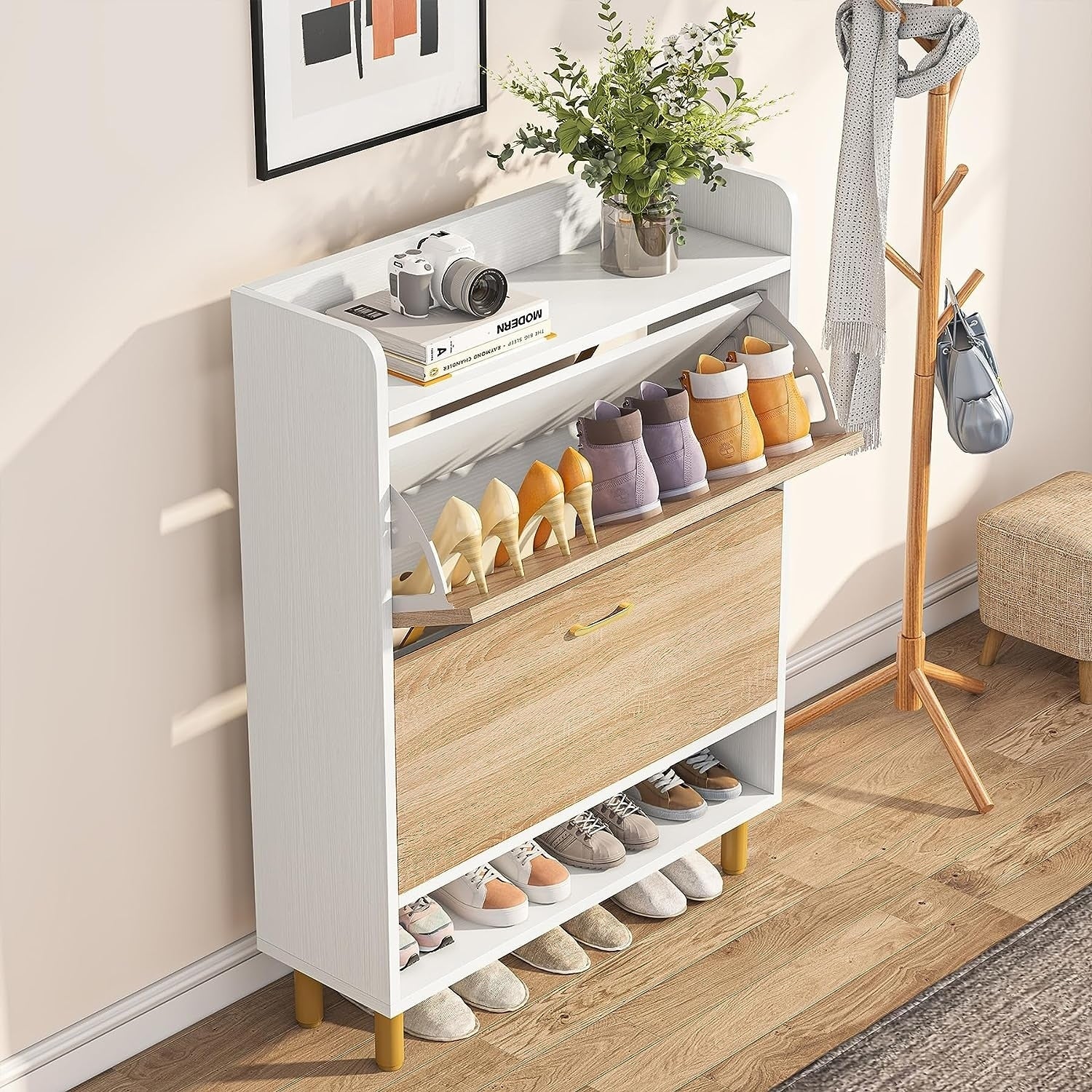 24 Pairs Shoe Storage Cabinet Rack with 2 Flip Drawers - 2-Tier