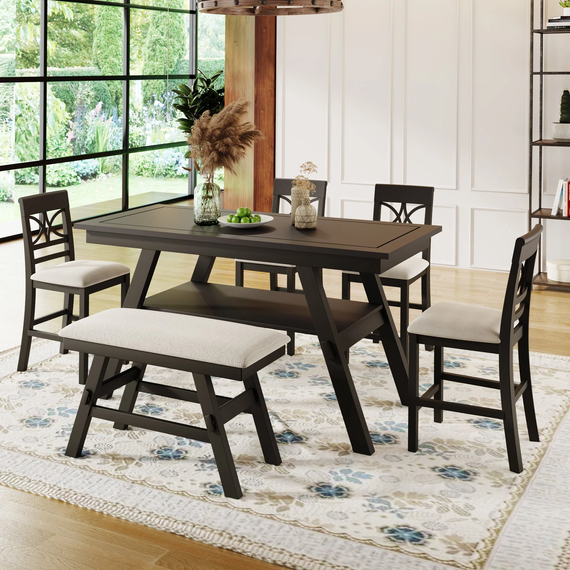 Lauren 6 Piece Counter Height Dining Table Set with Storage Shelf, 4 Chairs and Bench