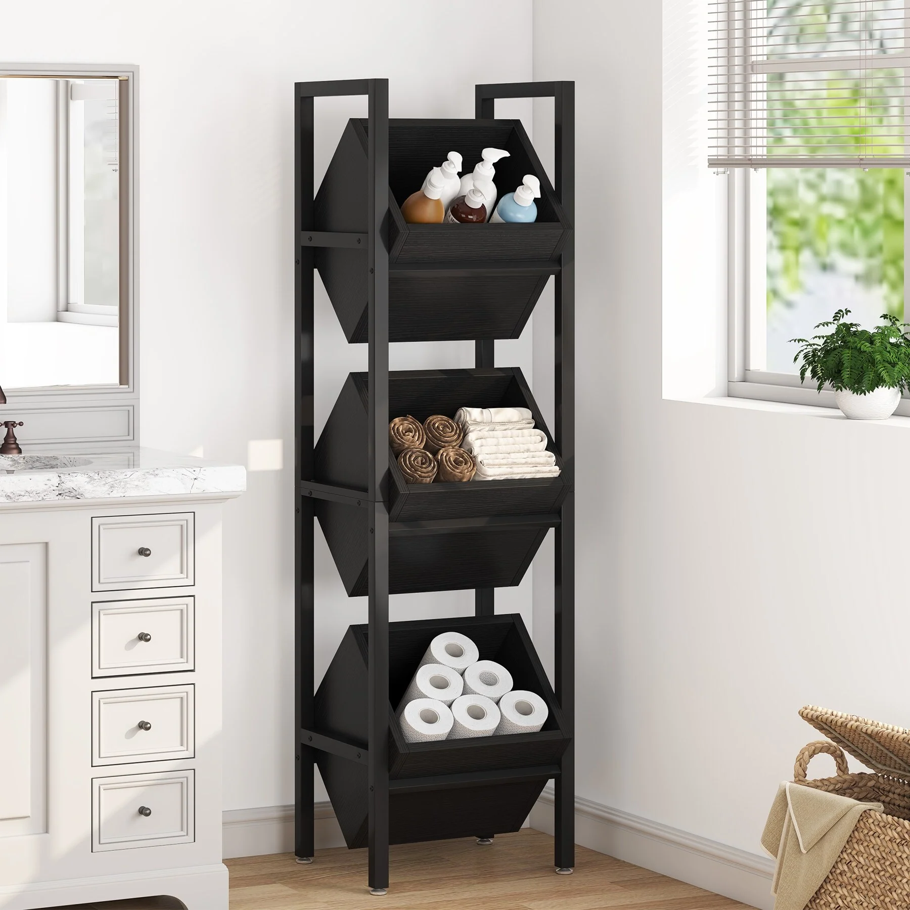 Vertical Standing Basket Storage Tower for Kitchen Bathroom Living Room