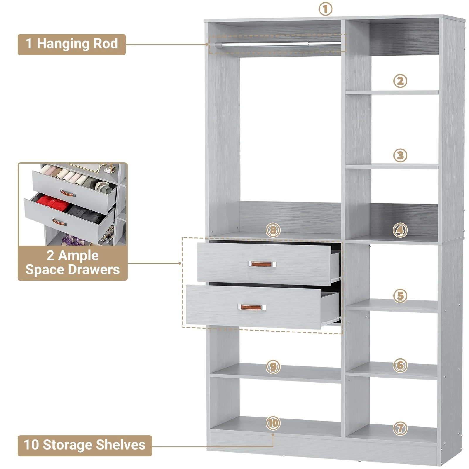 Vryon 40'' W Freestanding Closet System with 10 Storage Shelves and 2 Drawers and 1 Hanging Rods