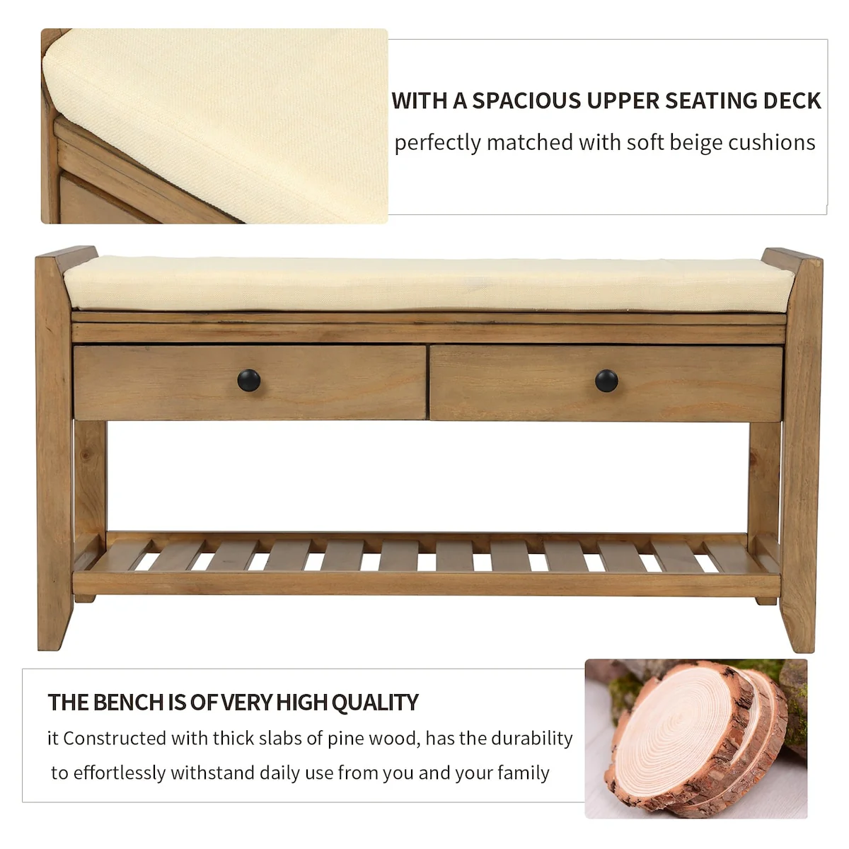 Modern Multipurpose Entryway Storage Bench With Upholstered Seat and Drawers