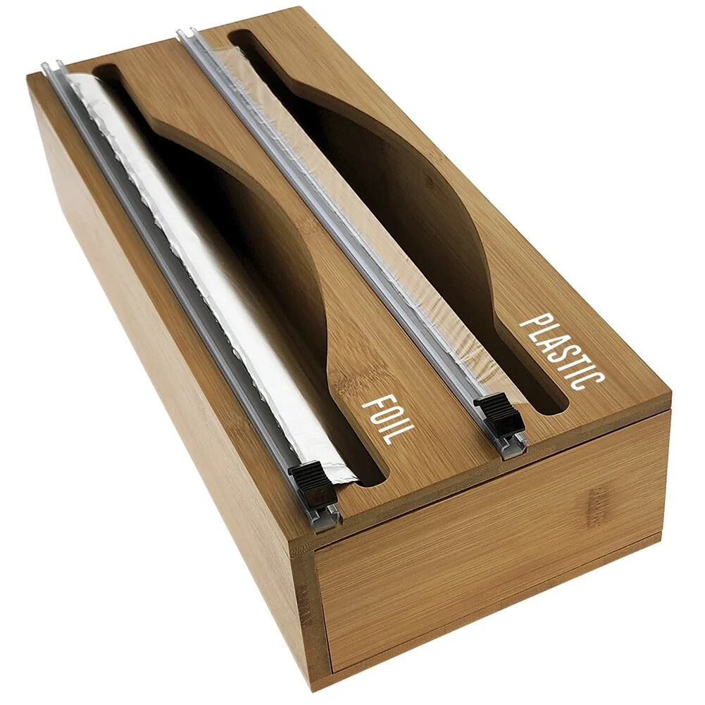 Luxe Bamboo Plastic Wrap/Wax Paper/Aluminum Foil Dispenser for Drawer or Wall Mountable - Cling Wrap / Tin Foil Kitchen Holder