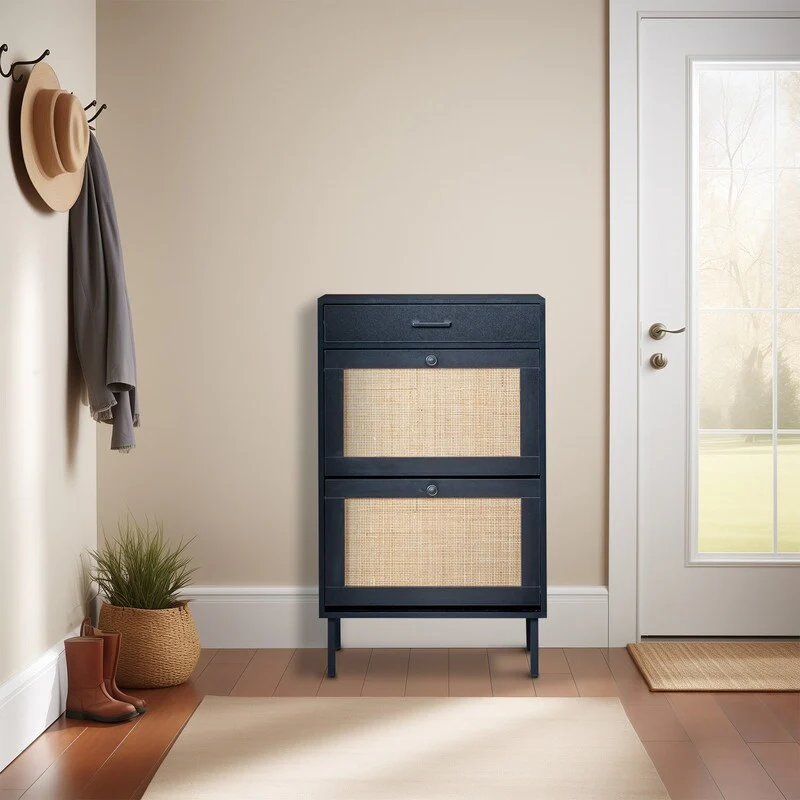 Real Rattan Shoe Cabinet with 2 Flip Drawers & 1 Small Drawer