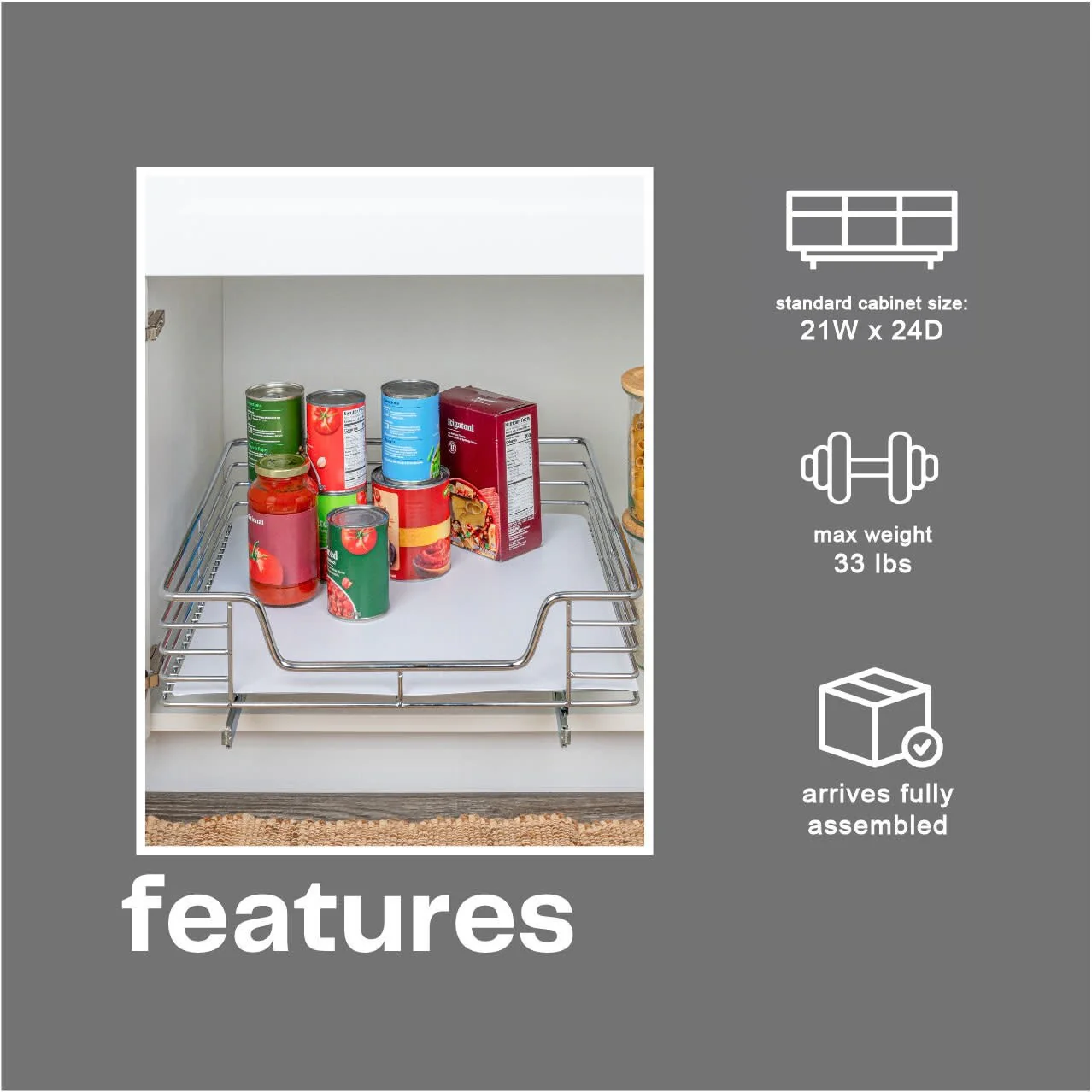Household Essentials 1-Tier Steel Pull-Out/Slide-Out Basket Storage Organizer with Plastic Liner