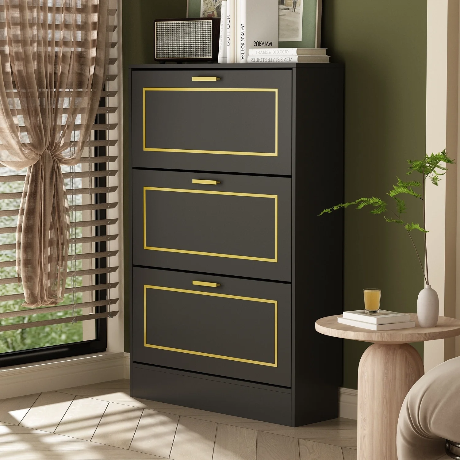 Fold-Out Shoes Cabinet Storage Cabinet Dresser Chest(Black/White)