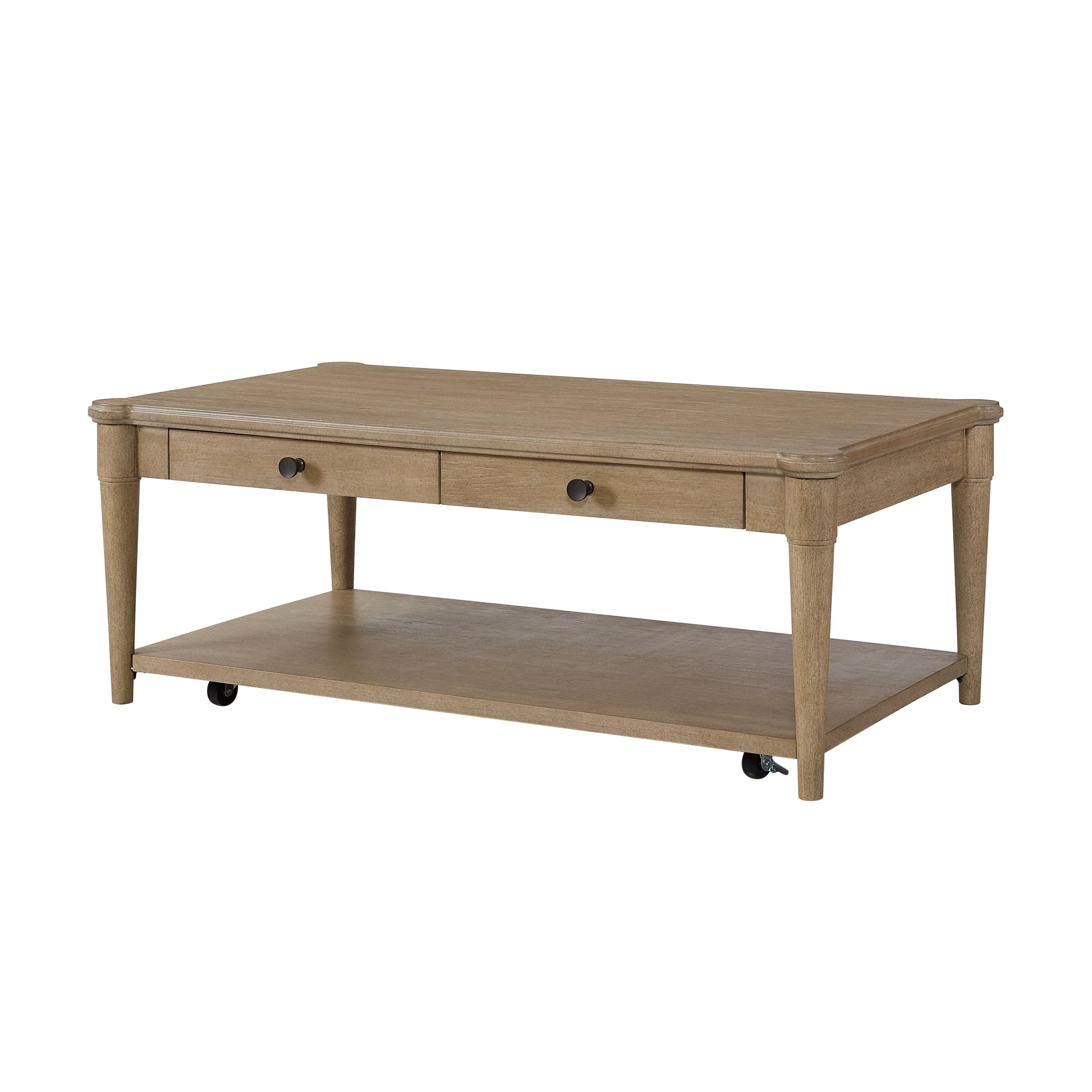 Cocktail Table with Casters, 2 Storage Drawers and Bottom Shelf