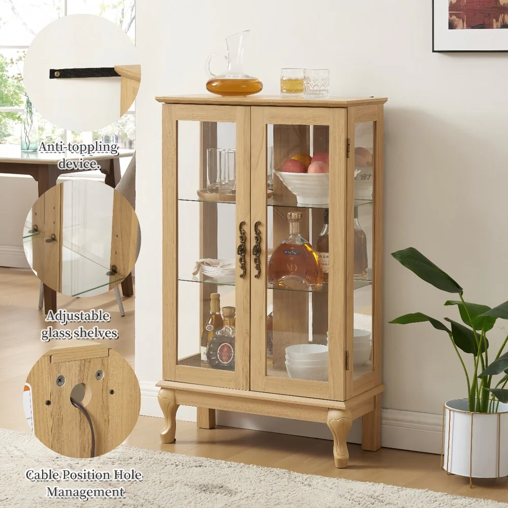 Curio Cabinet with Tempered Glass Doors and Adjustable Shelves Light Bulb Included