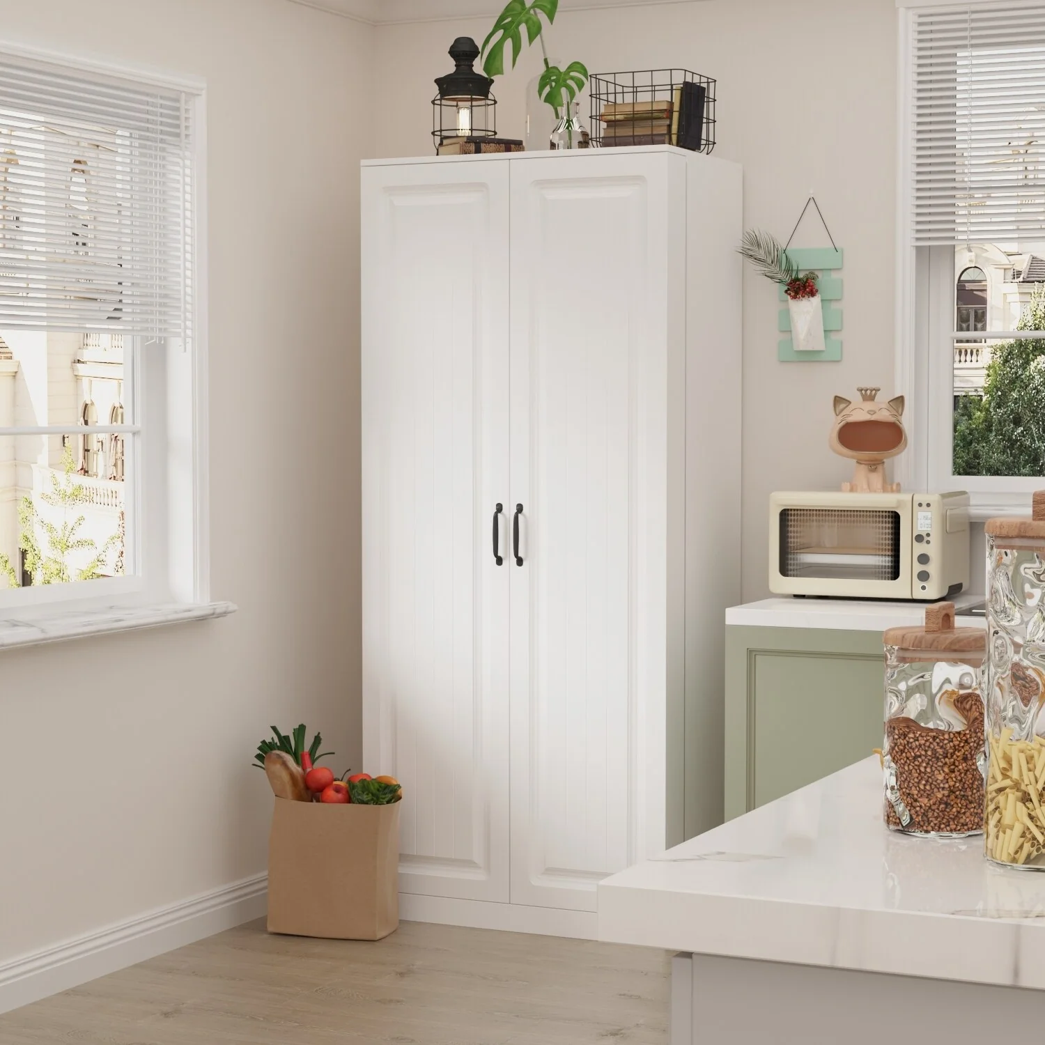 White Storage Cabinet: Kitchen Pantry, Buffet, Large 72.2