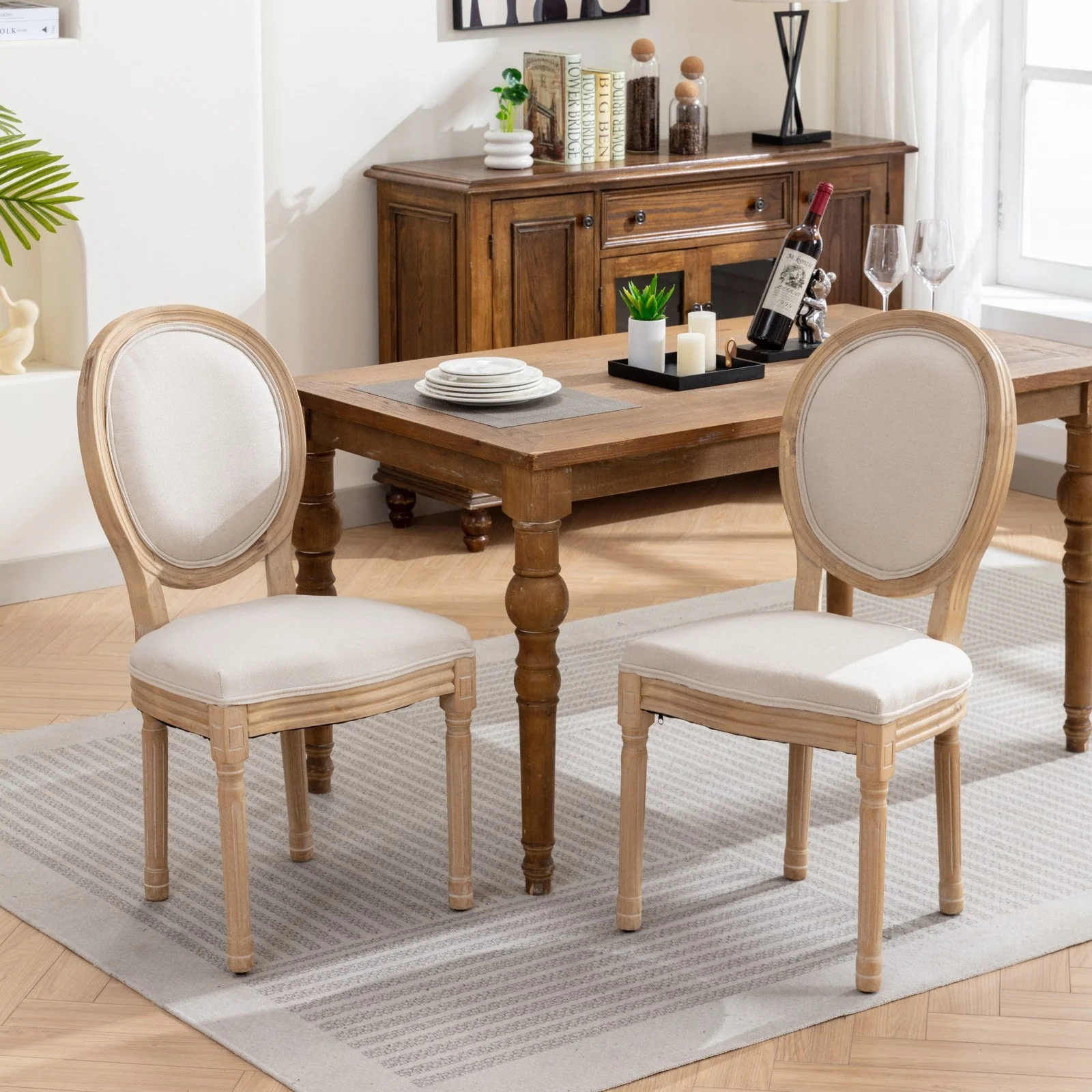 Upholstered Dining Chair with Round Back and Solid Wood Frame, Set of 2
