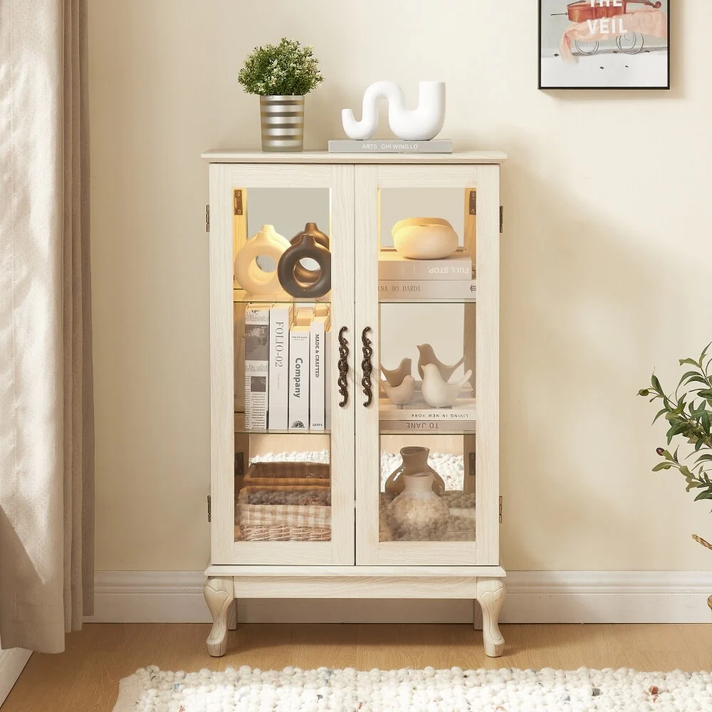 Curio Cabinet with Tempered Glass Doors and Adjustable Shelves Light Bulb Included