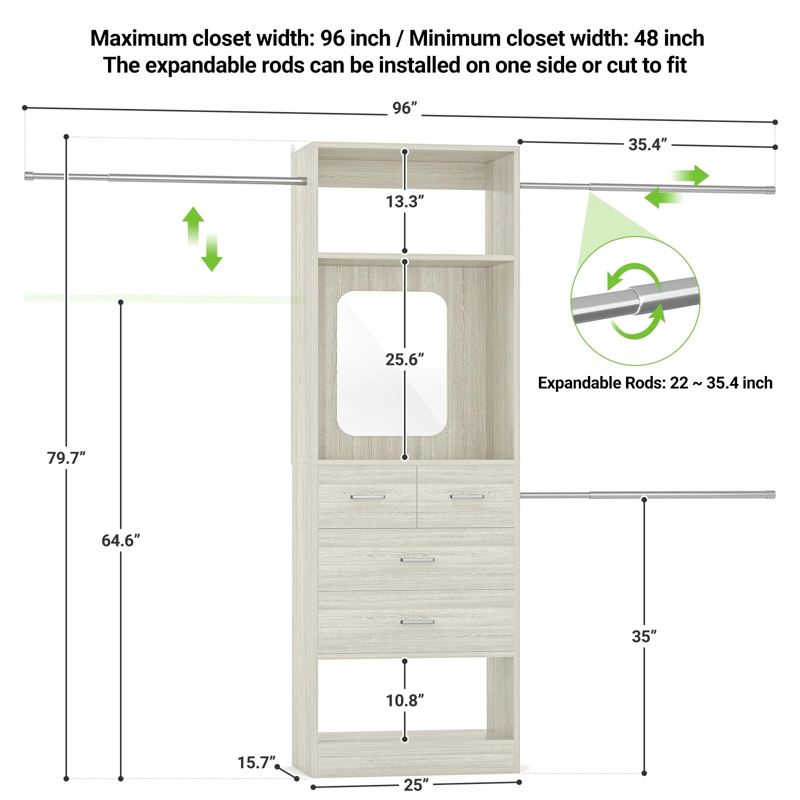 96'' W Closet System with Mirror, 8FT Walk-in Closet Organizer Kits with 4 Wooden Drawers ＆ 3 Extendable Hanging Rods