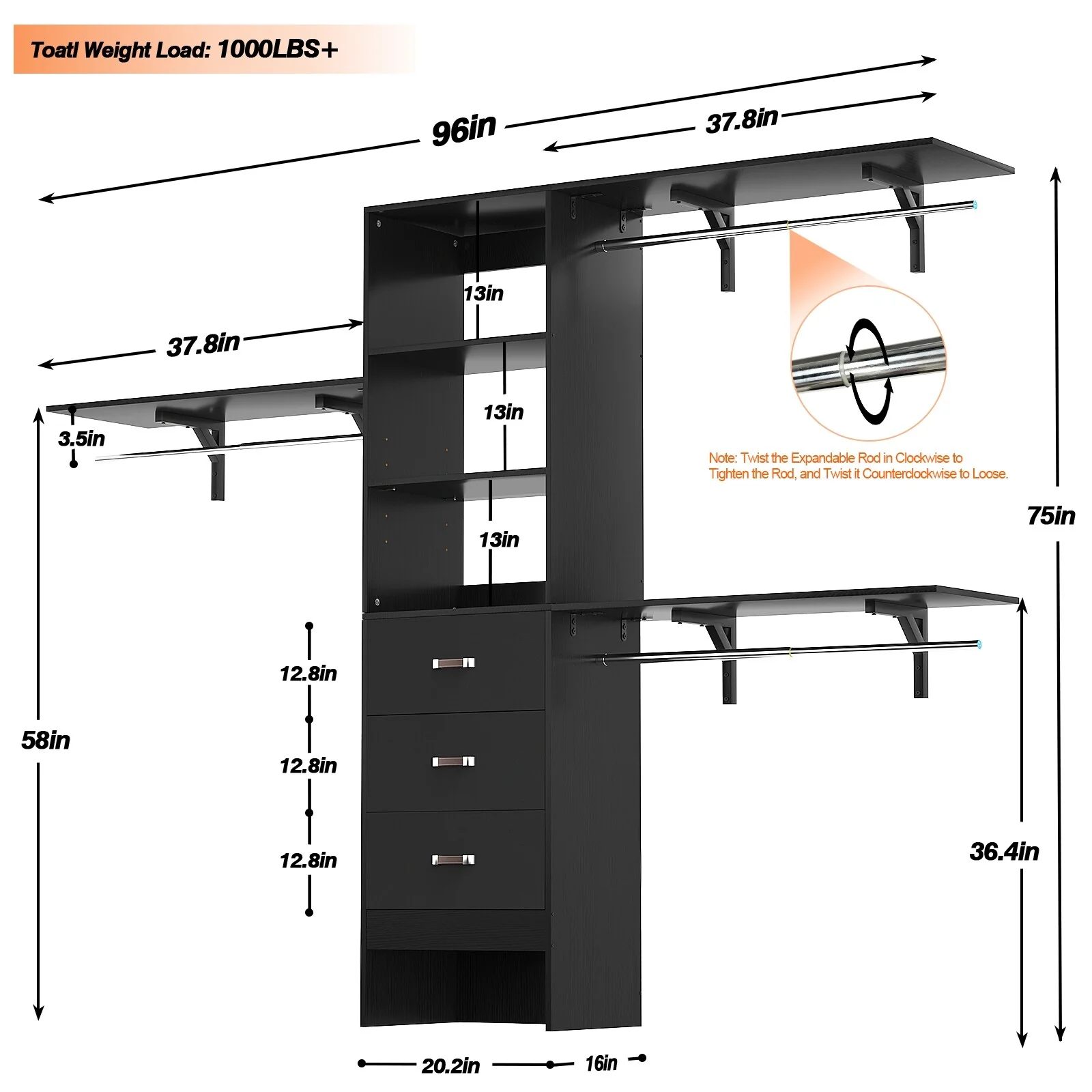 Rackcog 120'' Closet Organizer with Drawers, Closet System with DIY Shelves for Reach-in and Walk-in Closet