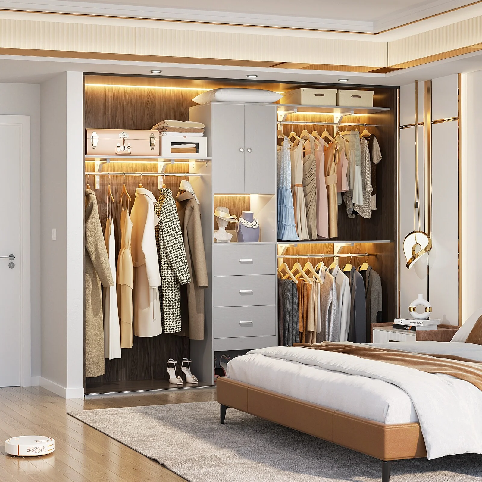 20''-96'' Wide Wooden Closet Organizer With Doors, Adjustable Closet System with Drawers and Hanging Rods