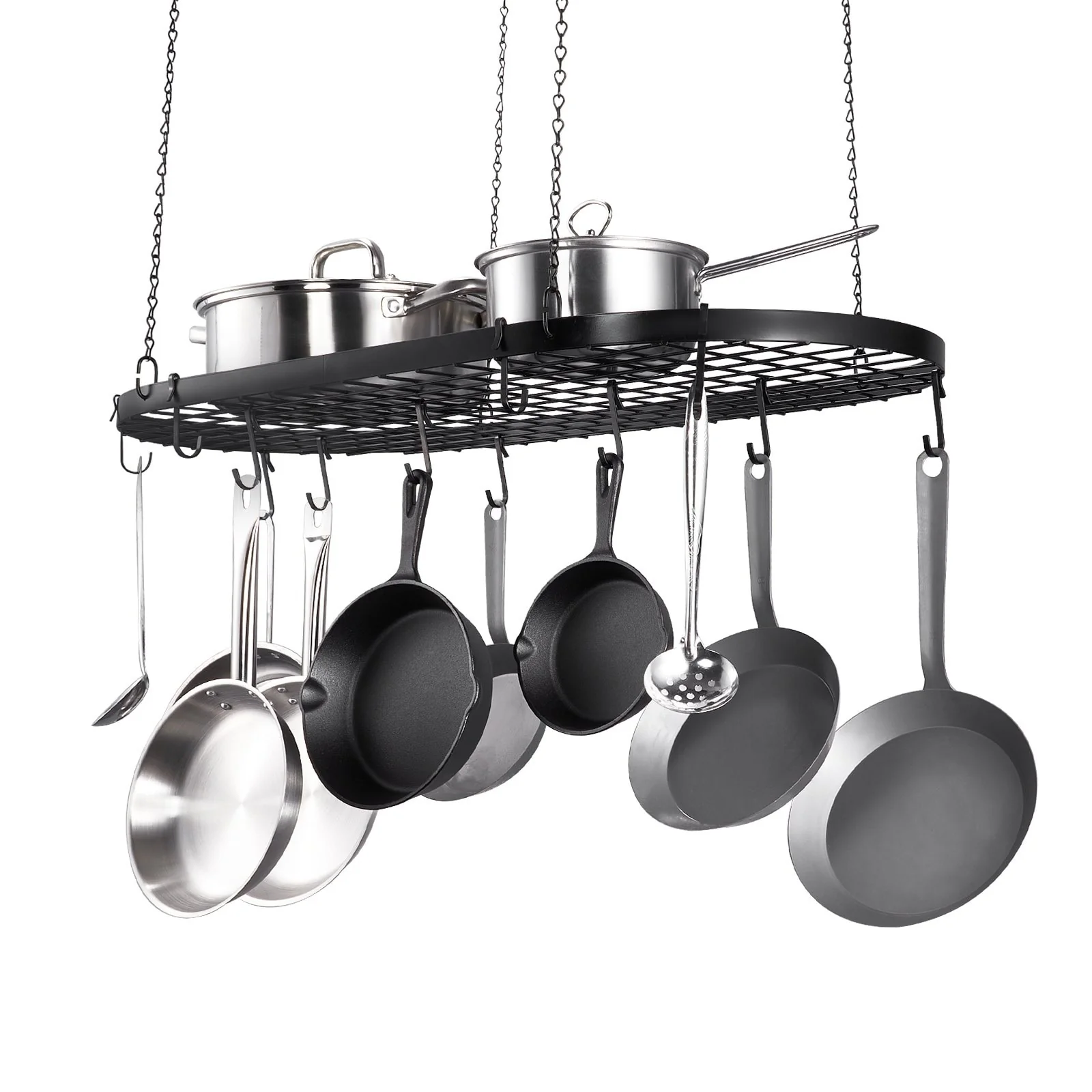 Black Carbon Steel Ceiling Mounted Hanging Pot Rack with S Shaped Hooks Ideal for Home or Restaurant