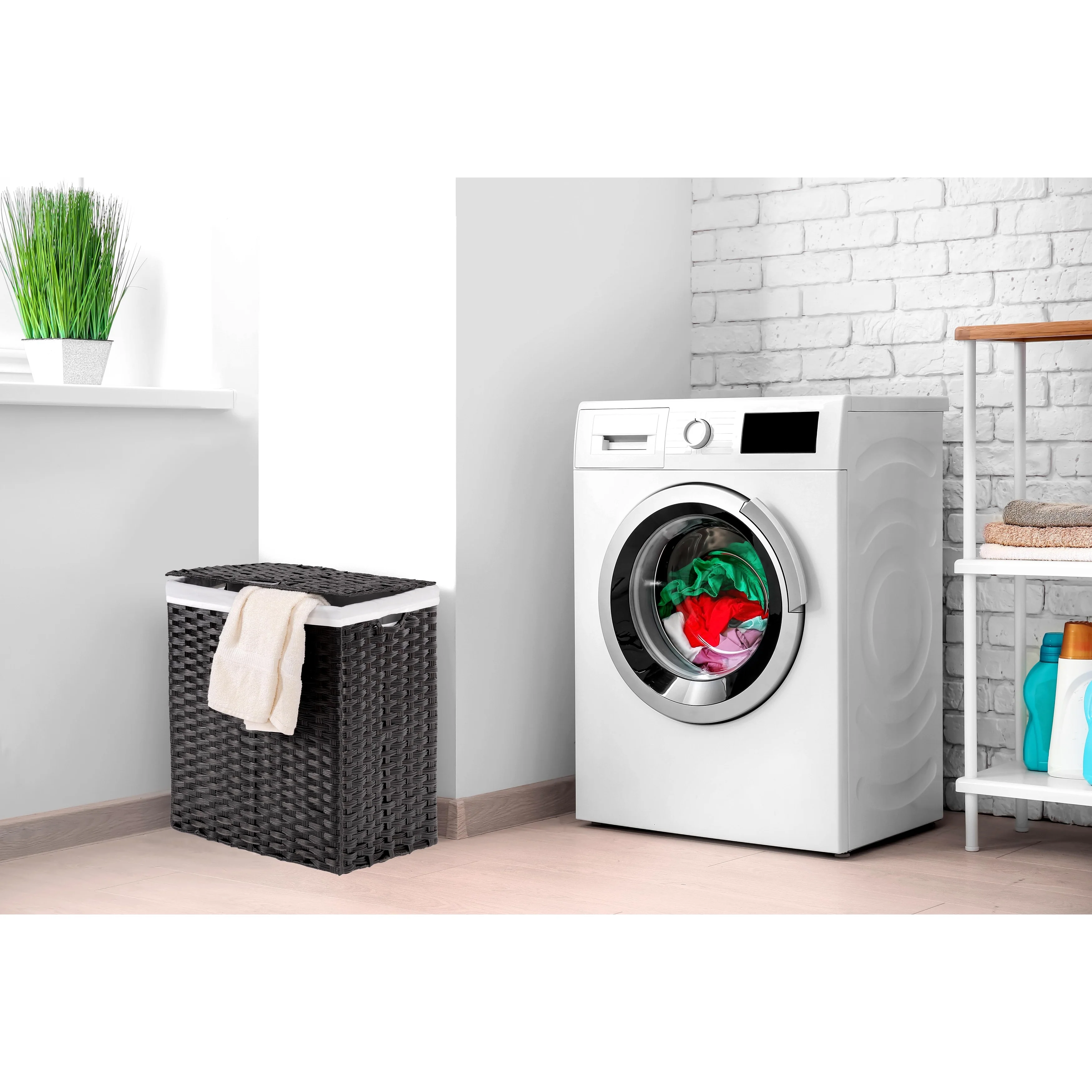 Seville Classics Lidded Foldable Portable Rectangular Laundry Hamper Basket with Washable Liner