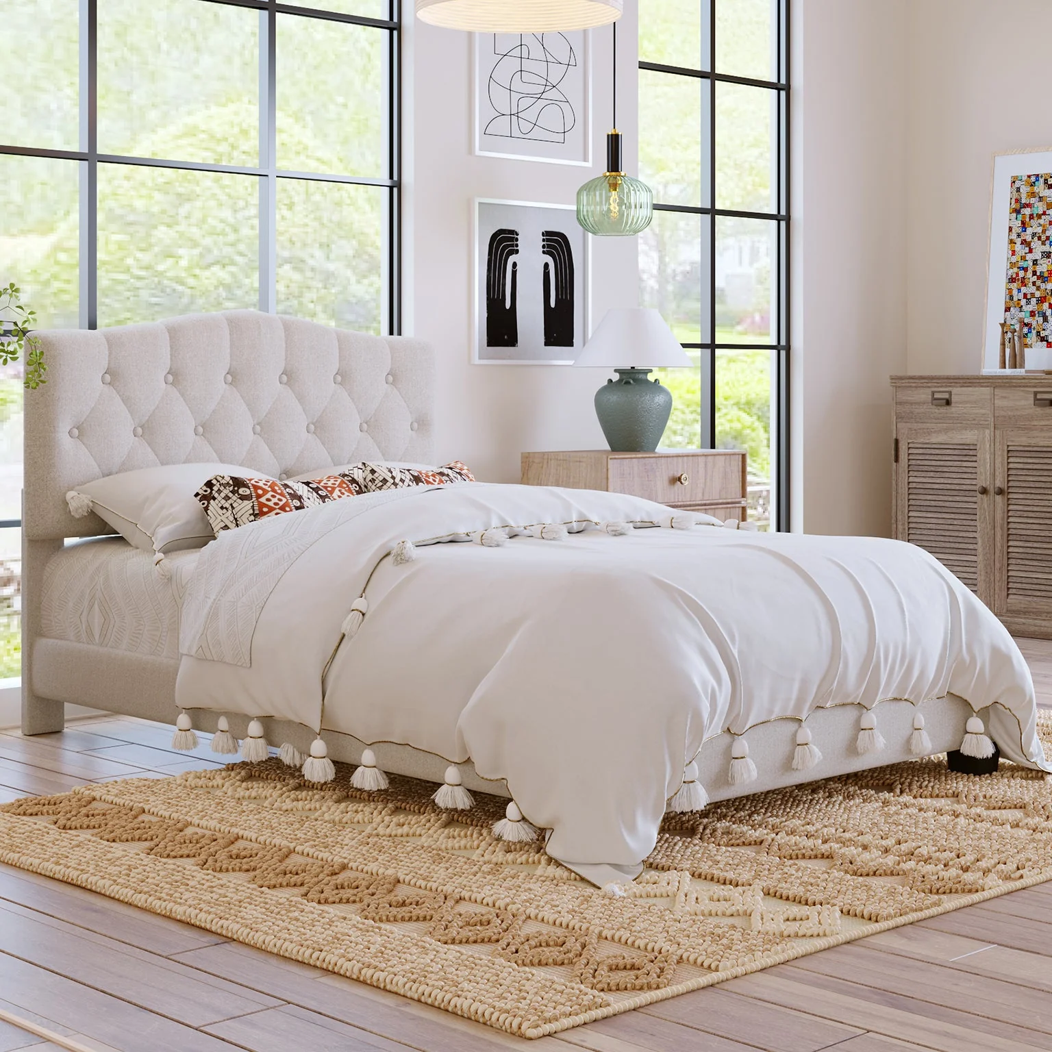 Josephine Upholstered Platform Bed with Saddle Curved Headboard and Diamond Tufted Details-Beige