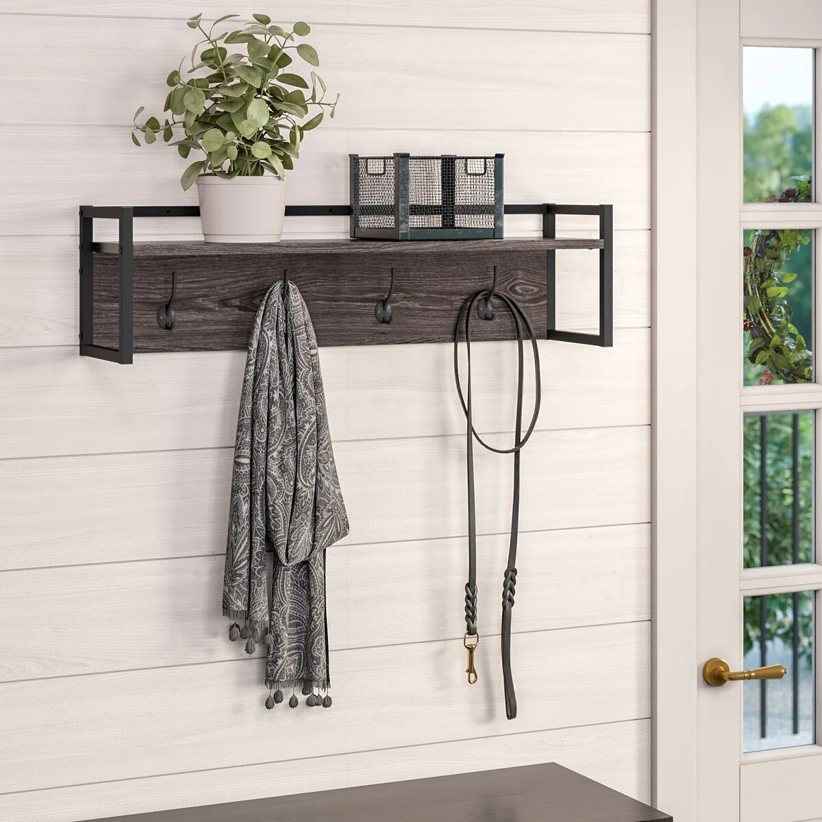 RiverRidge Afton 4-Hook Wall Mount Entryway Organizer Coat Rack Hanger - Weathered Woodgrain and Dark Brown Hooks