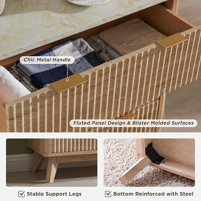 Modern Fluted 5 Drawers Dresser, Chest of Drawers, Dresser TV Stand