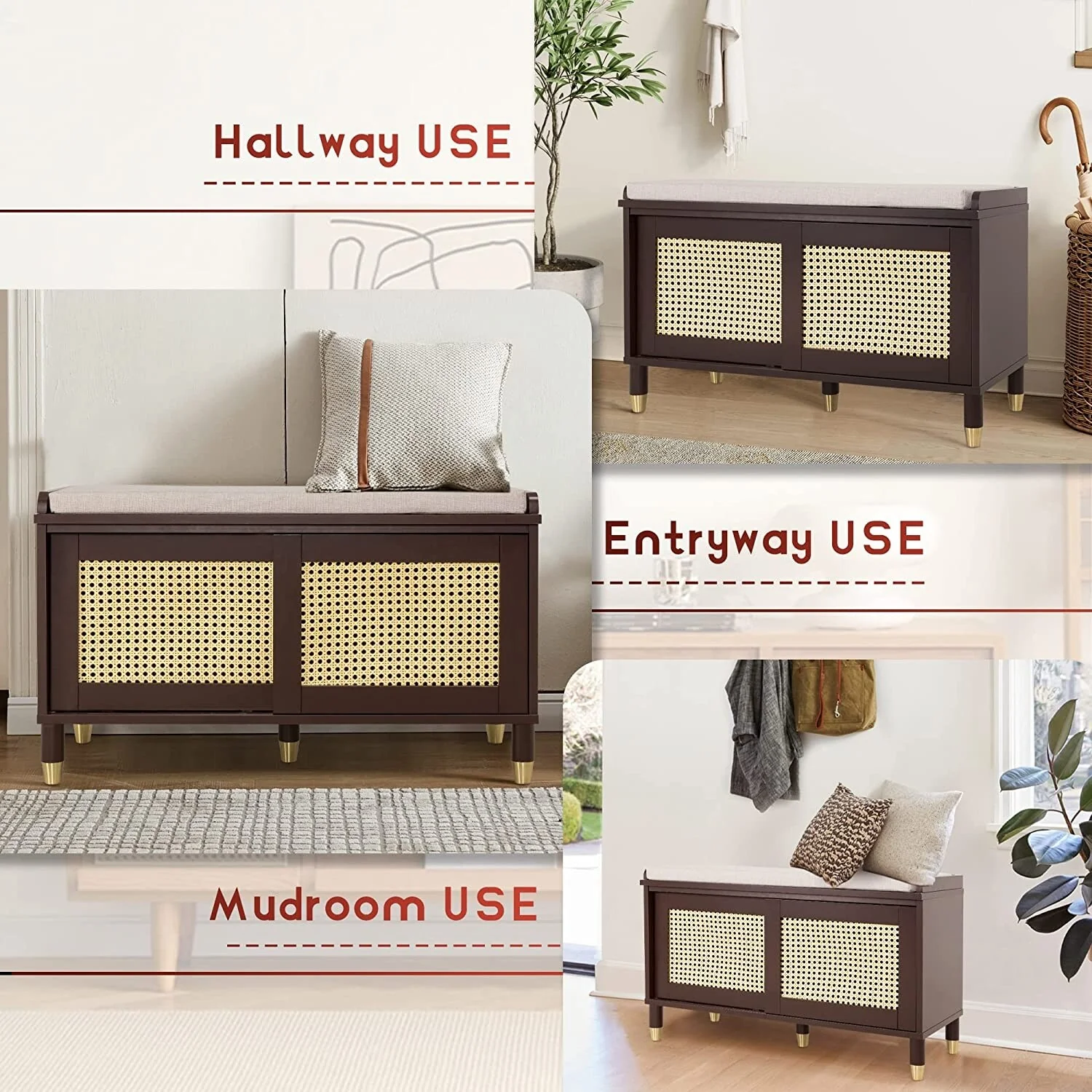 Shoe Storage Bench Cabinet Rattan Style Shoe Cabinet for Entryway