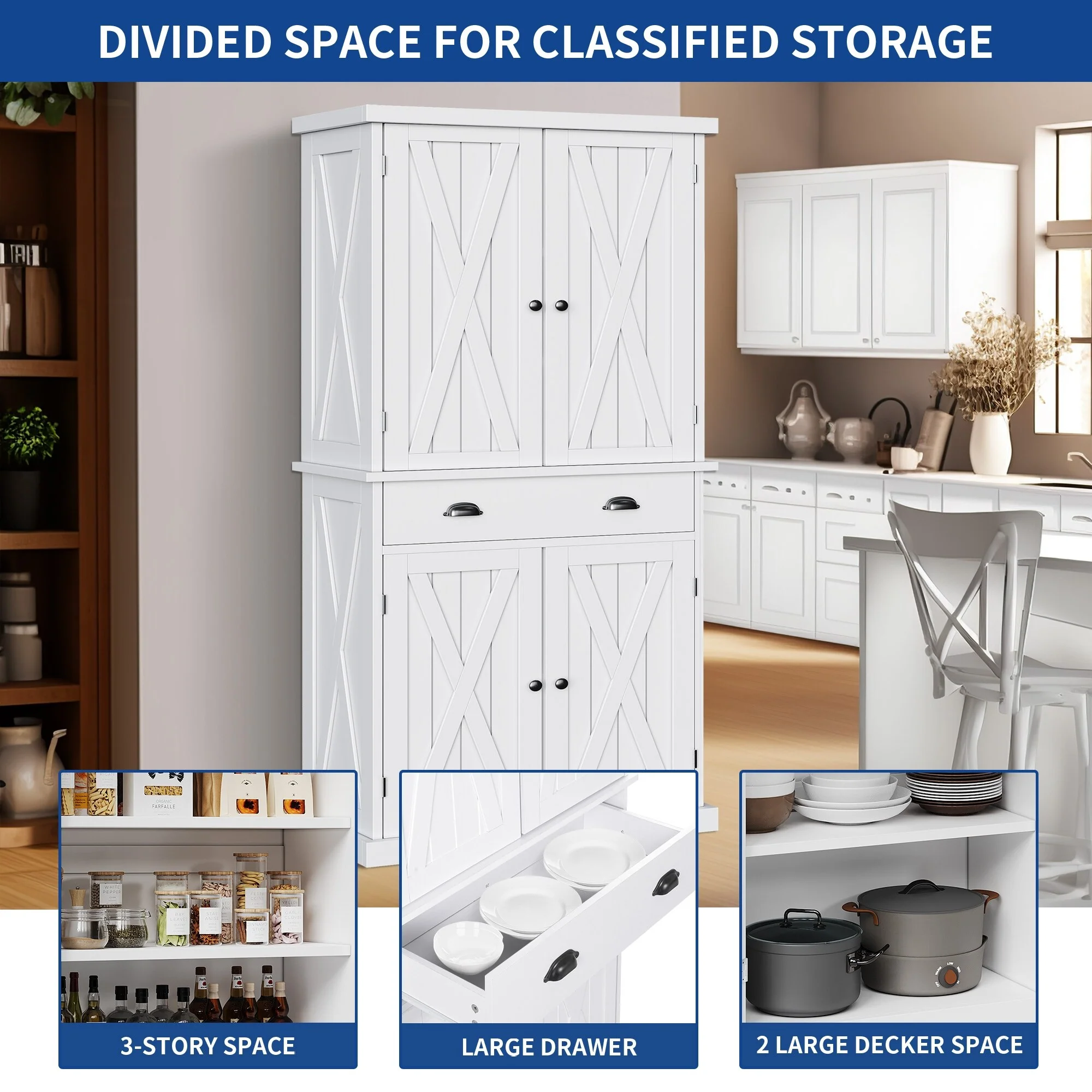 Moasis Farmhouse Traditional Freestanding Kitchen Pantry Storage Cabinet Cupboard