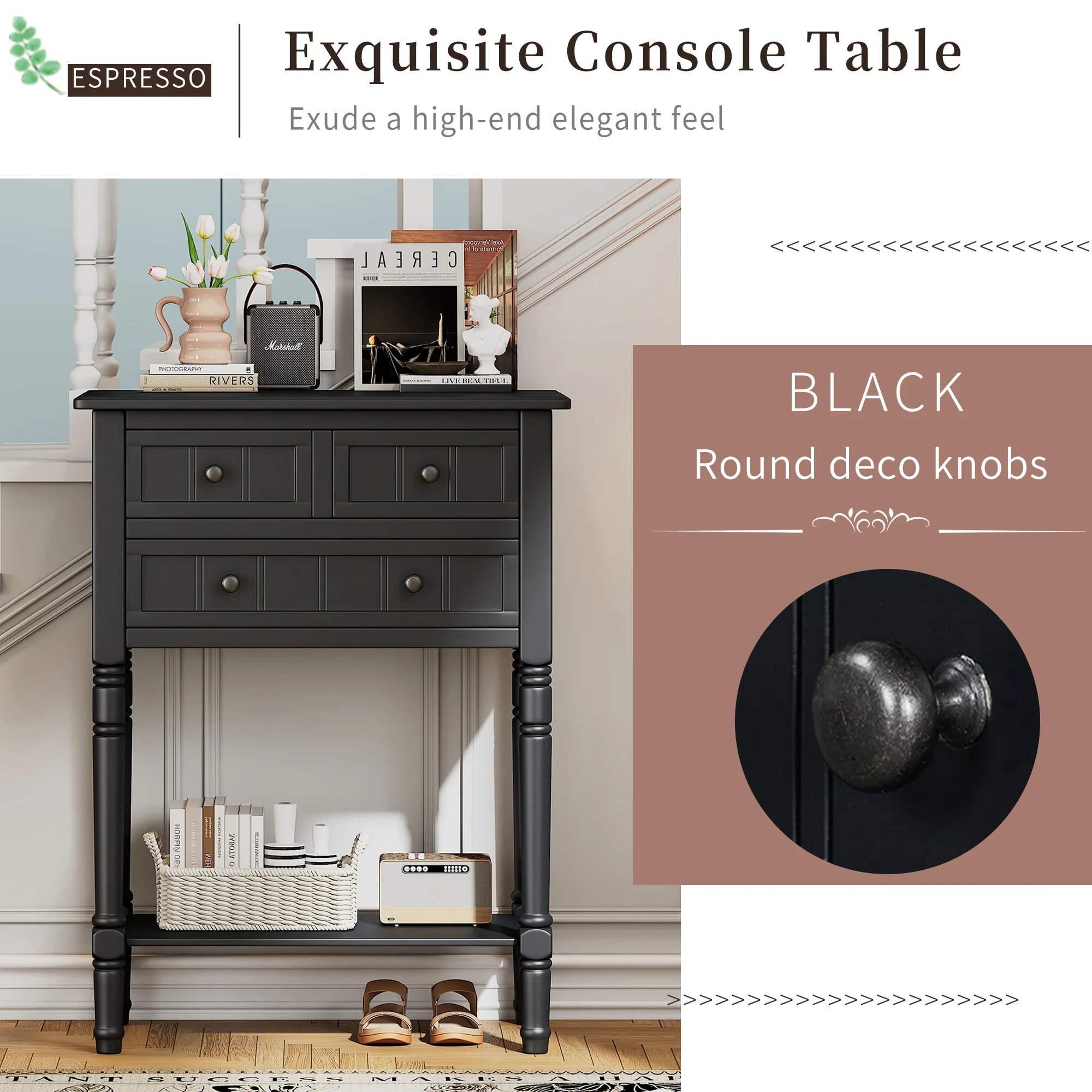 Conquest Narrow Console Table with 3 Drawers and Bottom Shelf