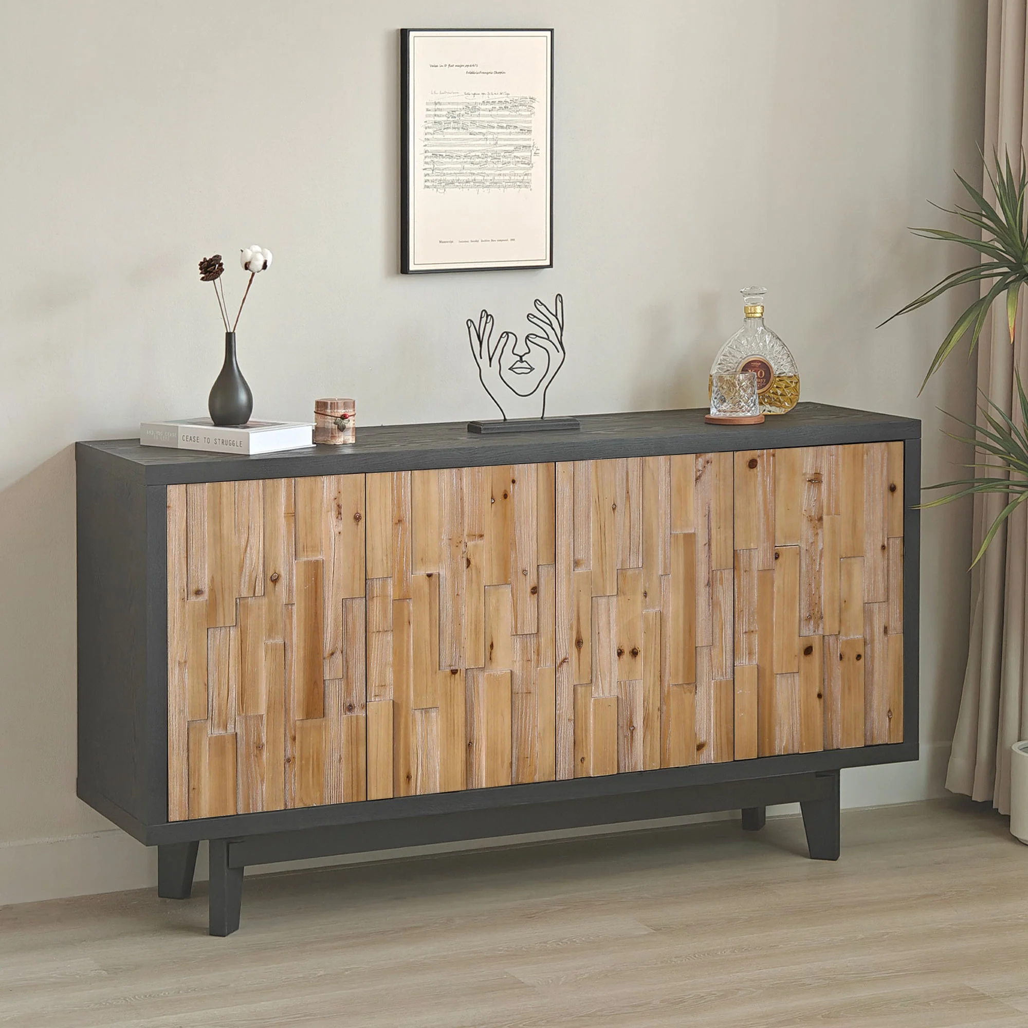 Wooden 4-Door Storage Cabinet with Textured Geometric Design